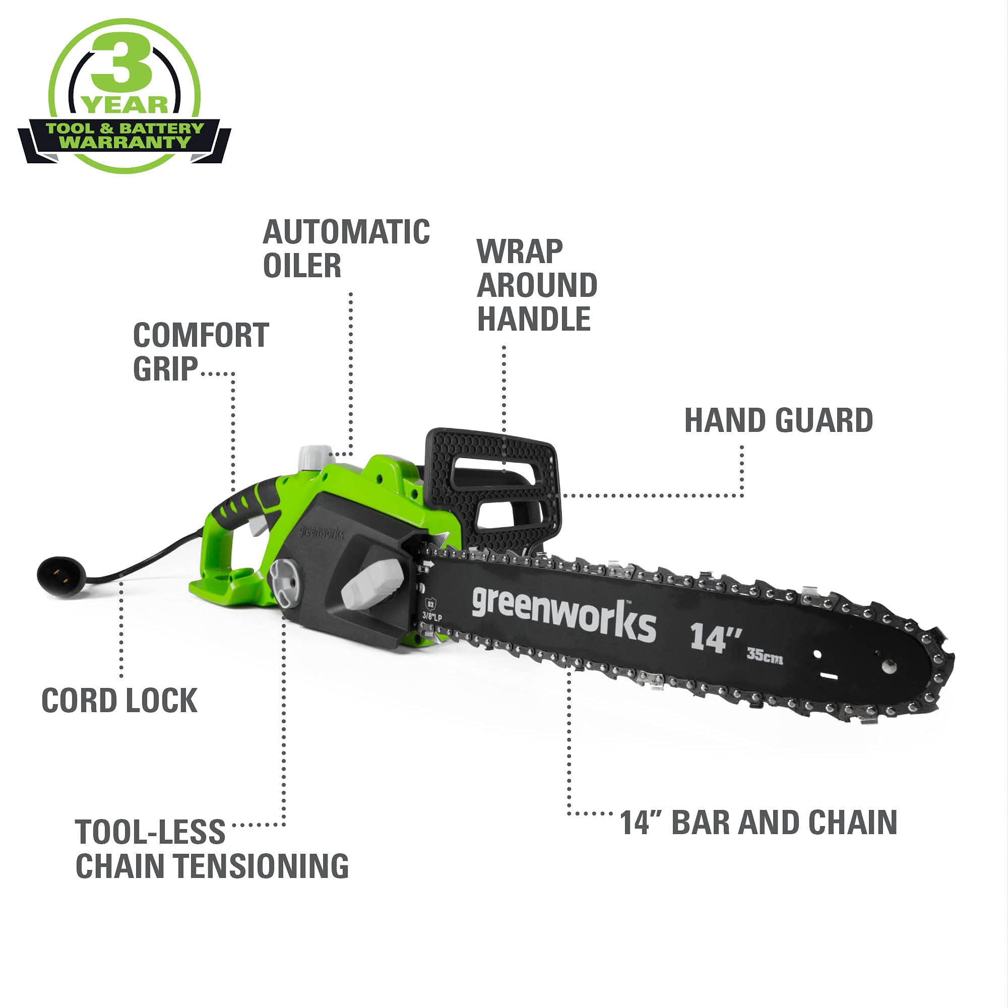 Greenworks 9 Amp 14-Inch Corded Chainsaw with Tool-less Chain Tensioning & Auto Oiling, Electric Handheld Chainsaw for Garden Yard Maintenance Tree Felling Triming, Firewood Cutting Logging Pruning 🍁 All In One Marketplace Canada