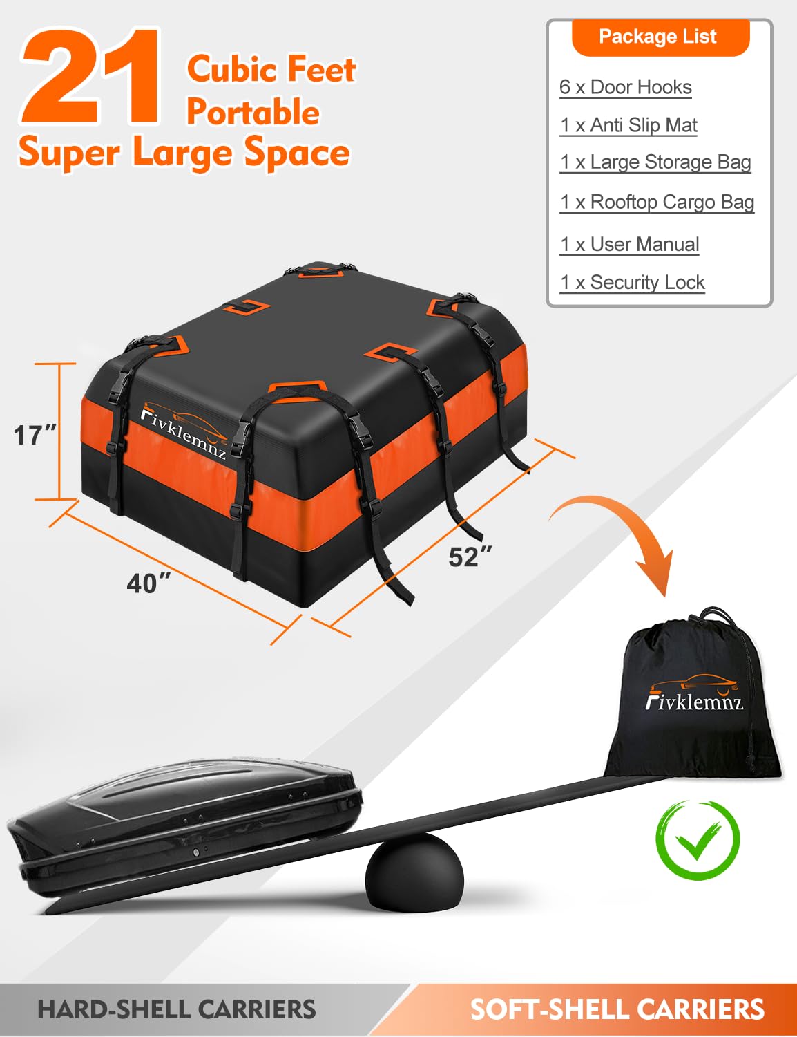 Car Roof Bag Cargo Carrier, 21 Cubic Feet Waterproof Rooftop Cargo Carrier with Anti-Slip Mat + 10 Reinforced Straps + 6 Door Hooks, Suitable for All Vehicle with/Without Roof Rack 🍁 All In One Marketplace Canada
