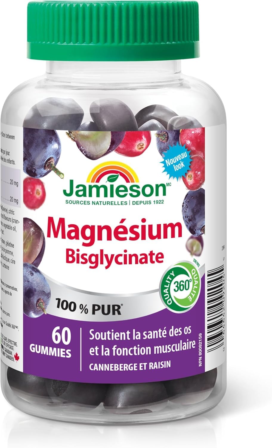Jamieson 100% Pure Magnesium Bisglycinate 20 mg Gummies Cranberry Grape Flavour, Not Blended, Magnesium Oxide Free, Supports Bone Development and Muscle Function, Source of Electrolytes, No Artificial Colours, Flavours, or Preservatives, 60 Count
