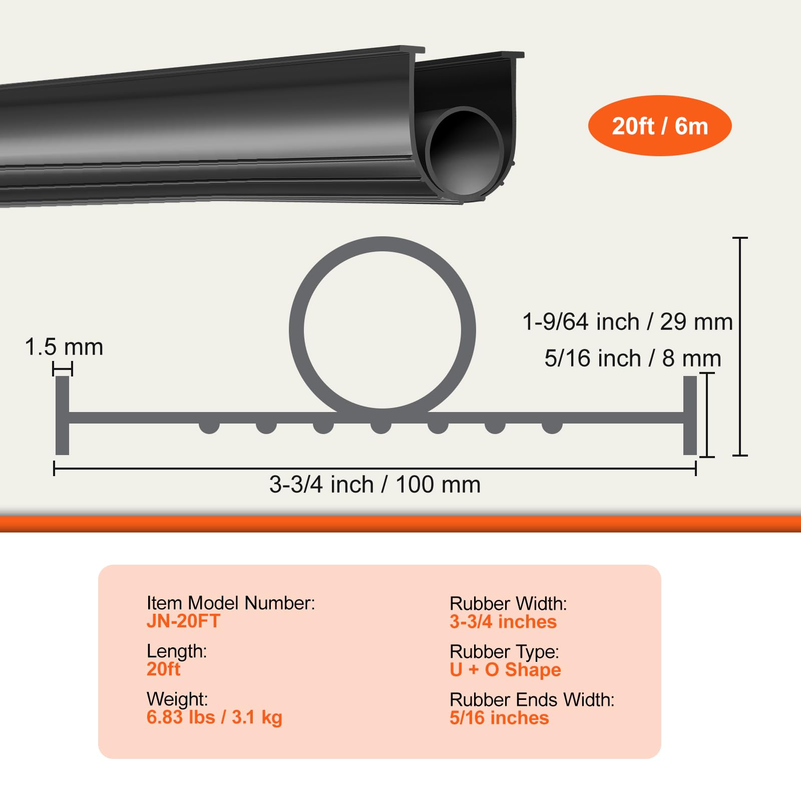 VEVOR Garage Door Seals Bottom Rubber, U Shape +O Ring Combination Garage Door Bottom Weather Seal, 20ft Weatherproofing Garage Door Seal, 5/16 inch T-ends and 3 3/4 inch Width, for Doors, Black 🍁 All In One Marketplace Canada