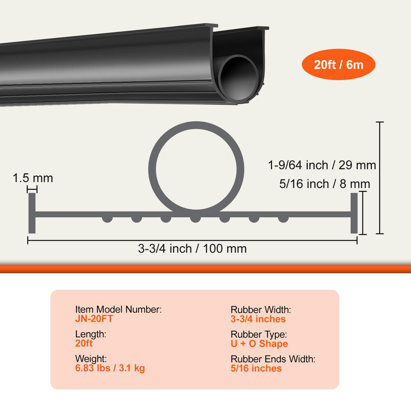 VEVOR Garage Door Seals Bottom Rubber, U Shape +O Ring Combination Garage Door Bottom Weather Seal, 20ft Weatherproofing Garage Door Seal, 5/16 inch T-ends and 3 3/4 inch Width, for Doors, Black 🍁 All In One Marketplace Canada