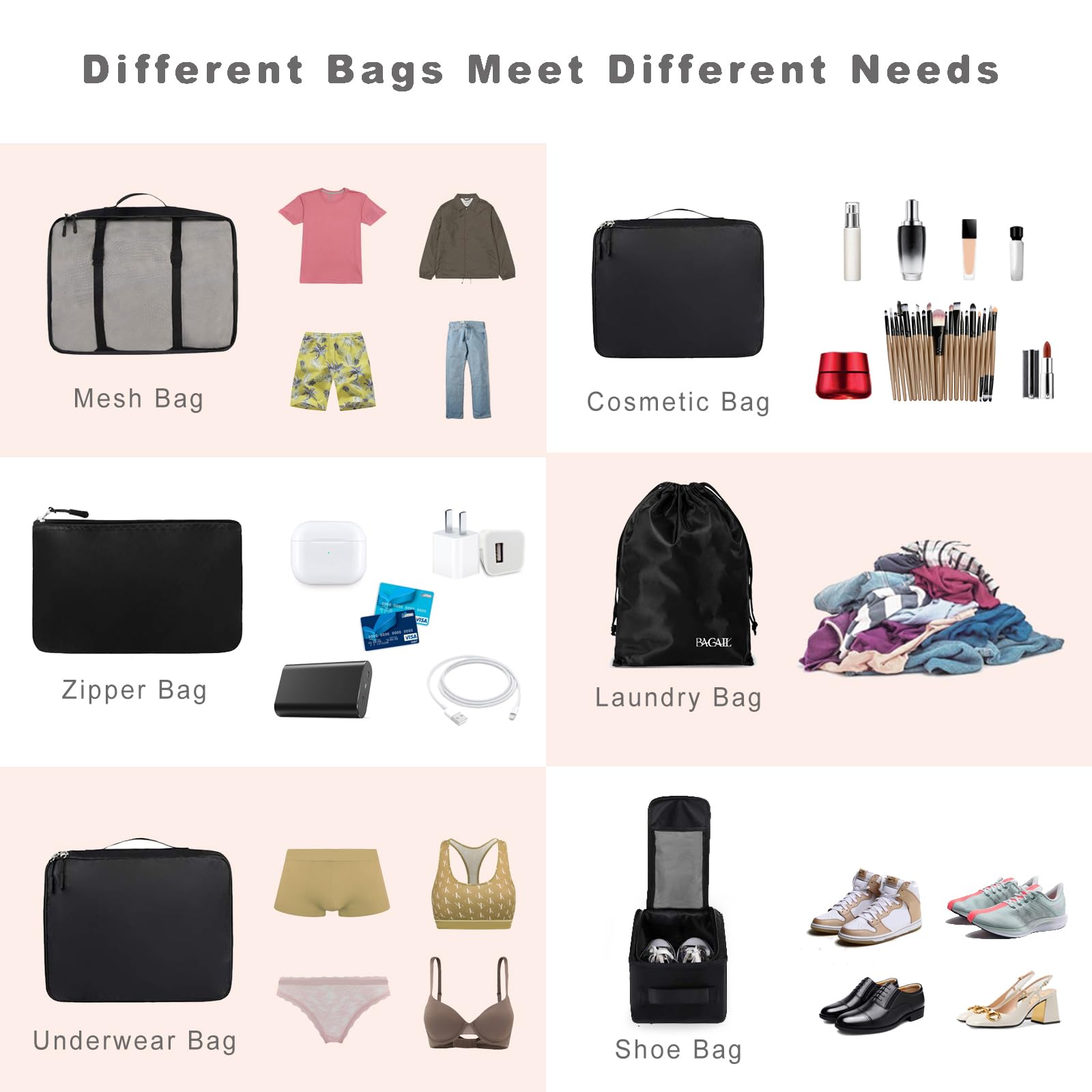 BAGAIL 8 Set Packing Cubes, Lightweight Travel Luggage Organizers with Shoe Bag, Toiletry Bag & Laundry Bag (Jet Black) 🍁 All In One Marketplace Canada