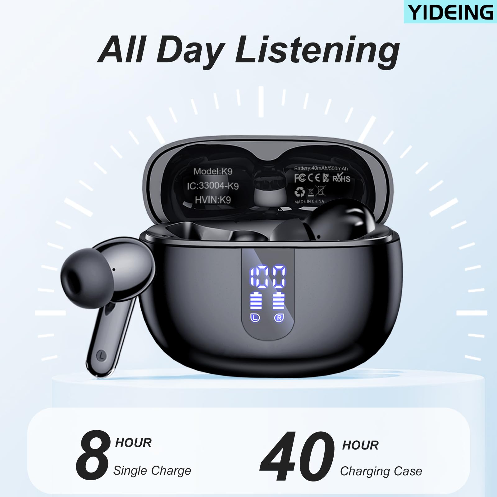 Wireless Earbuds, Bluetooth 5.3 Headphones with HiFi Stereo Sound,40H Playtime with LED Power Display Charging Case, IPx7 Waterproof in-Ear Earphone with Mic for Phone Computer Laptop,Black 🍁 All In One Marketplace Canada