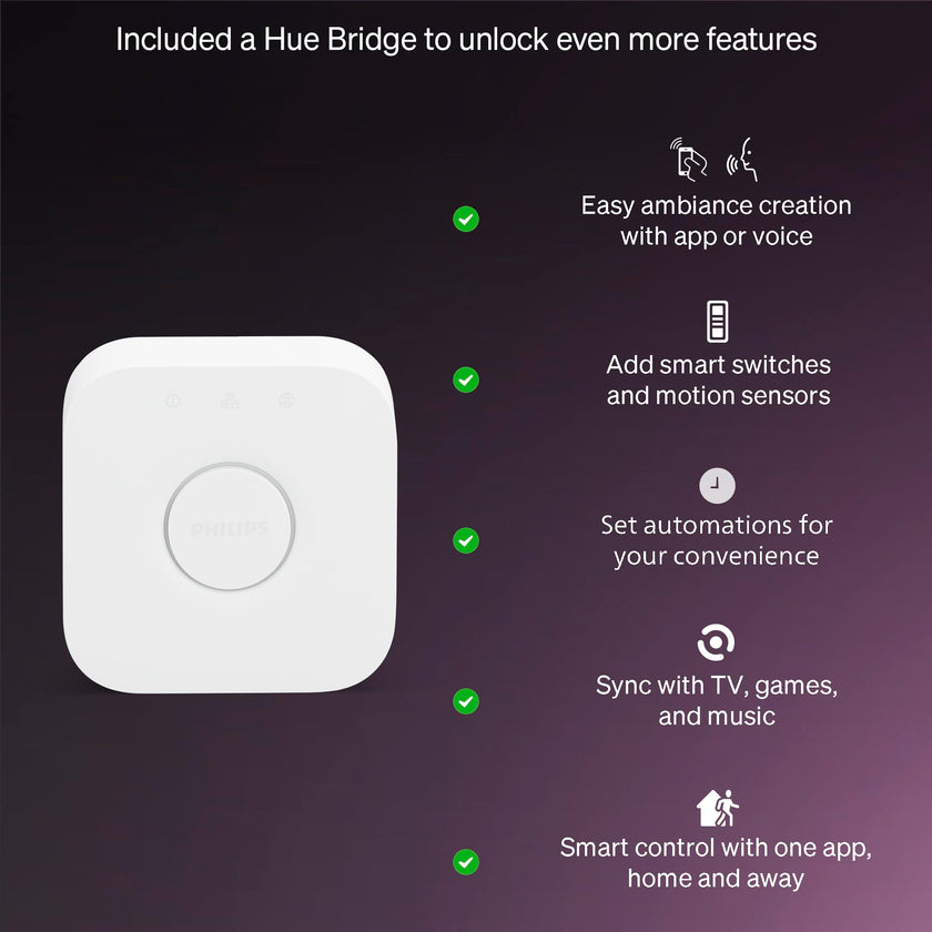 Philips Hue Essential Starter Kit: Bridge + 4 Essential E26 Smart Bulbs, White and Color Ambiance, 2200K-6500K, Dimmable, Works with Alexa, Google Assistant, Samsung SmartThings, Apple Home 🍁 All In One Marketplace Canada