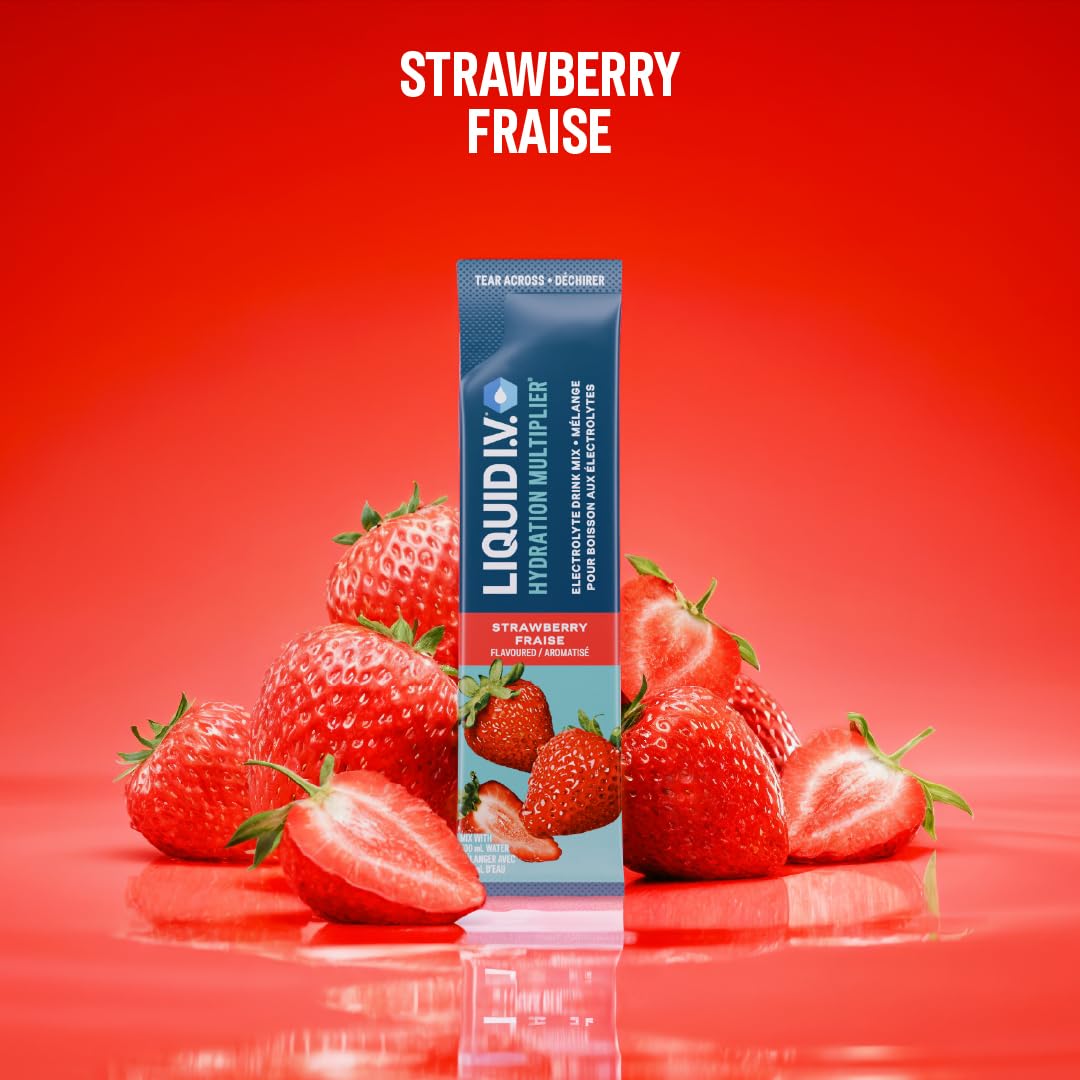 Liquid I.V. Hydration Multiplier Electrolyte Drink Mix - Enhanced Hydration Electrolyte Powder with Vitamins B3, B5, B6, B12 and C -18x On-the-go Sticks for Workout and Travel - Strawberry 🍁 All In One Marketplace Canada