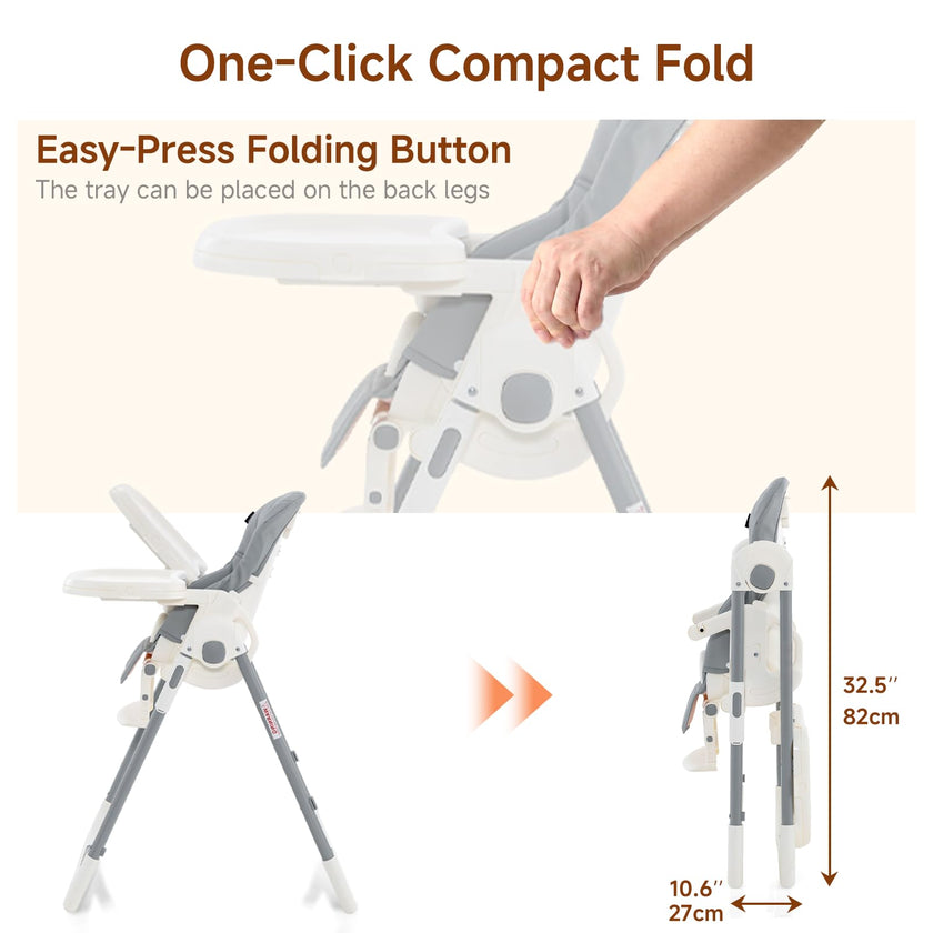 INFANS High Chair for Babies & Toddlers, Foldable Highchair with Multiple Adjustable Backrest, Footrest and Seat Height, Removable Tray, Detachable PU Leather Cushion, Built-in Rear Wheels (Grey) 🍁 All In One Marketplace Canada