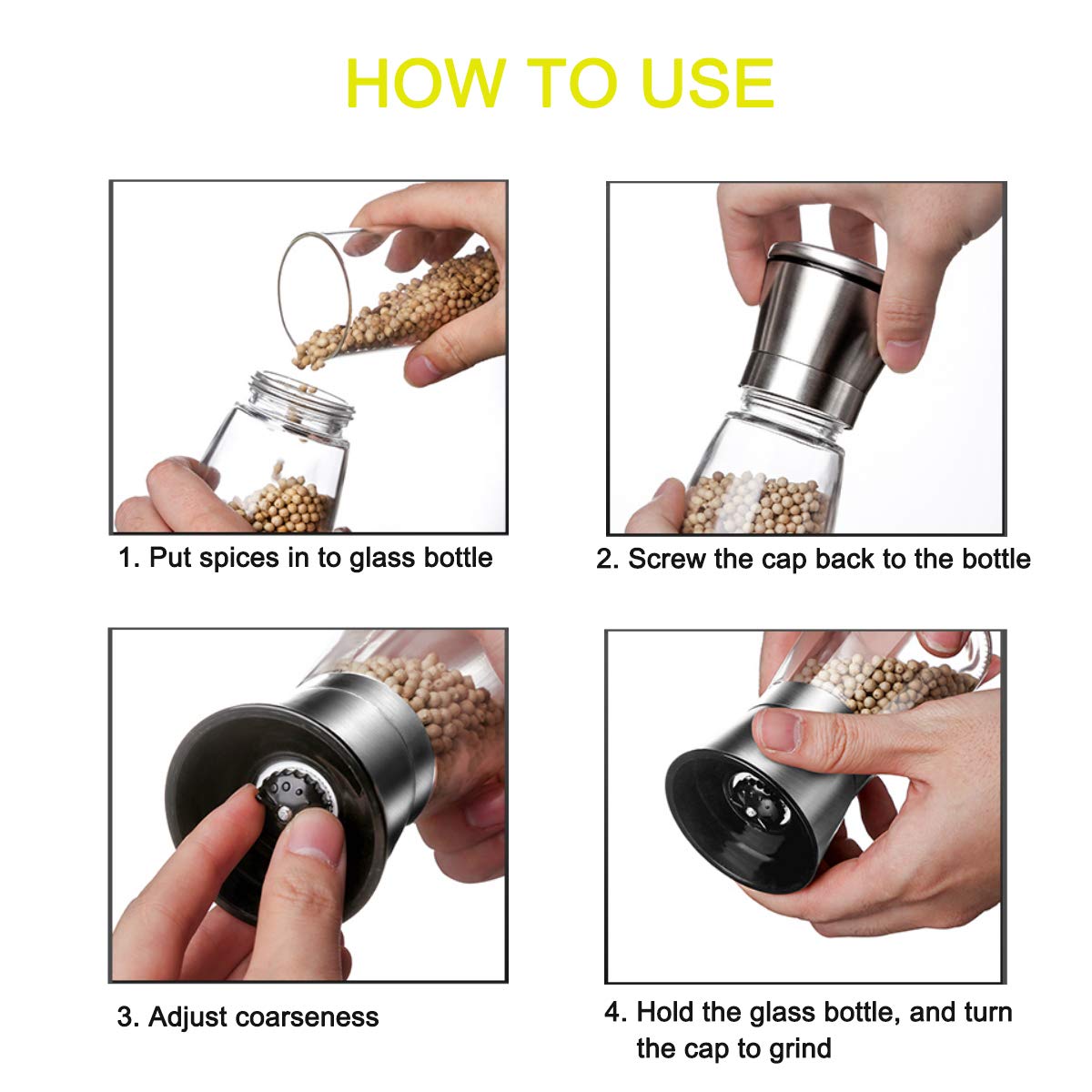 Pepper Grinder or Salt Grinder, Best Spice Mill with Ceramic Blades, Adjustable Coarseness, Brushed Stainless Steel Cap, and Refillable Tall Glass Body with 6OZ Capacity (7.5