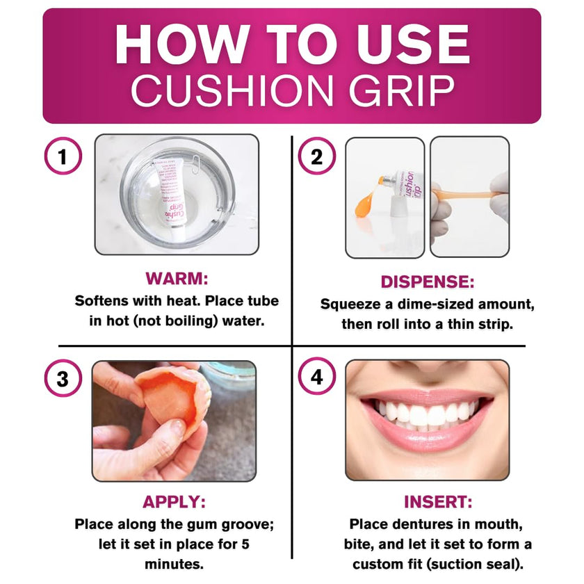 Cushion Grip Thermoplastic Denture Adhesive – Refits & Tightens Loose Dentures, Works Like a Denture Reliner for a Long-Lasting, Secure Fit, Cushions Gums, Waterproof & Zinc-Free - 1 oz 🍁 All In One Marketplace Canada