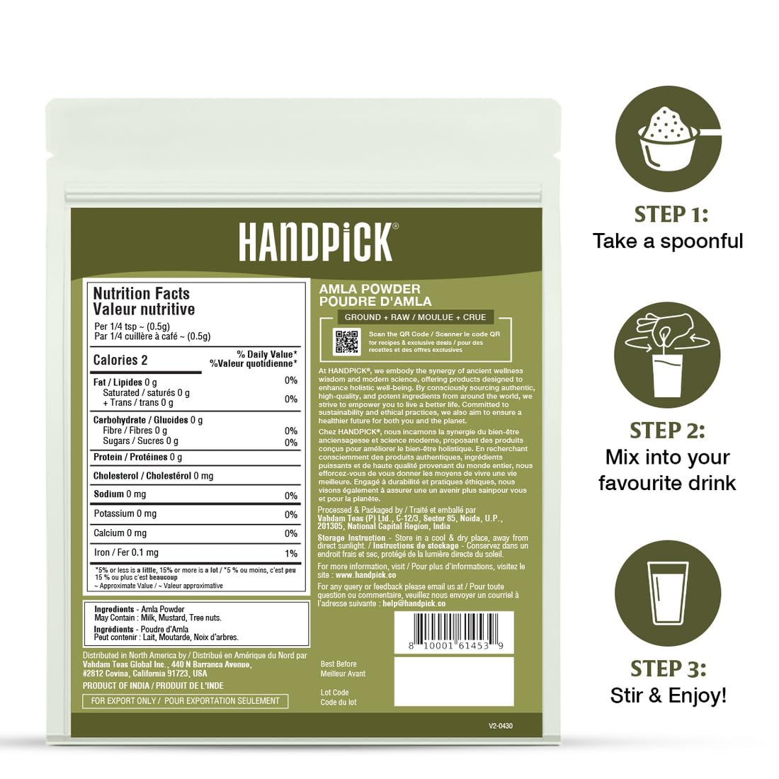 HANDPICK, Amla Powder (397gm/14oz) Halal Amalaki, Non-GMO | 100% Raw and Natural - Lab Tested for Purity | Indian Gooseberry Powder | Resealable Zip Lock Pouch 🍁 All In One Marketplace Canada