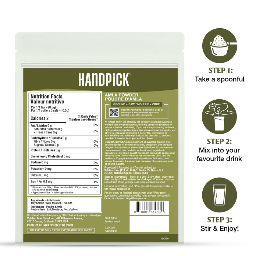 HANDPICK, Amla Powder (397gm/14oz) Halal Amalaki, Non-GMO | 100% Raw and Natural - Lab Tested for Purity | Indian Gooseberry Powder | Resealable Zip Lock Pouch 🍁 All In One Marketplace Canada
