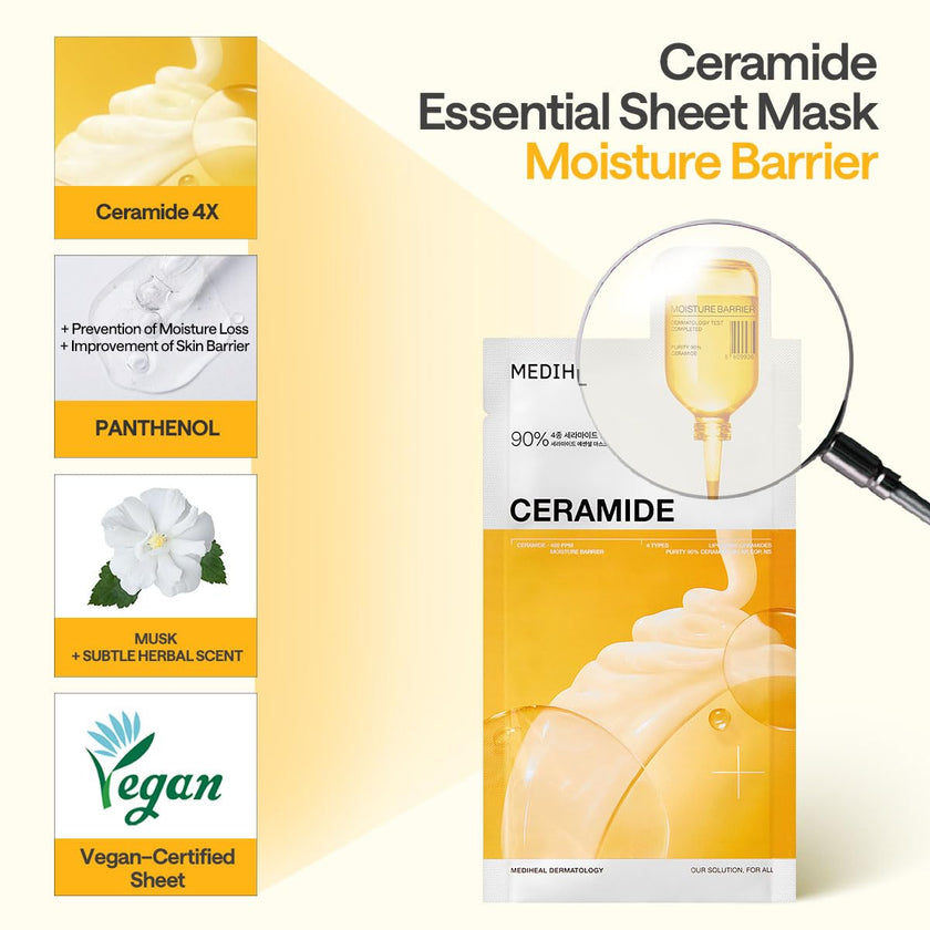 MEDIHEAL Ceramide Essential Face Mask - Moisturizing, Barrier Repair with Panthenol & Adenosine for Intense Hydration for Dry & Sensitive Skin, Face Mask for Women, Vegan, Korean Skincare (10 Sheets) 🍁 All In One Marketplace Canada