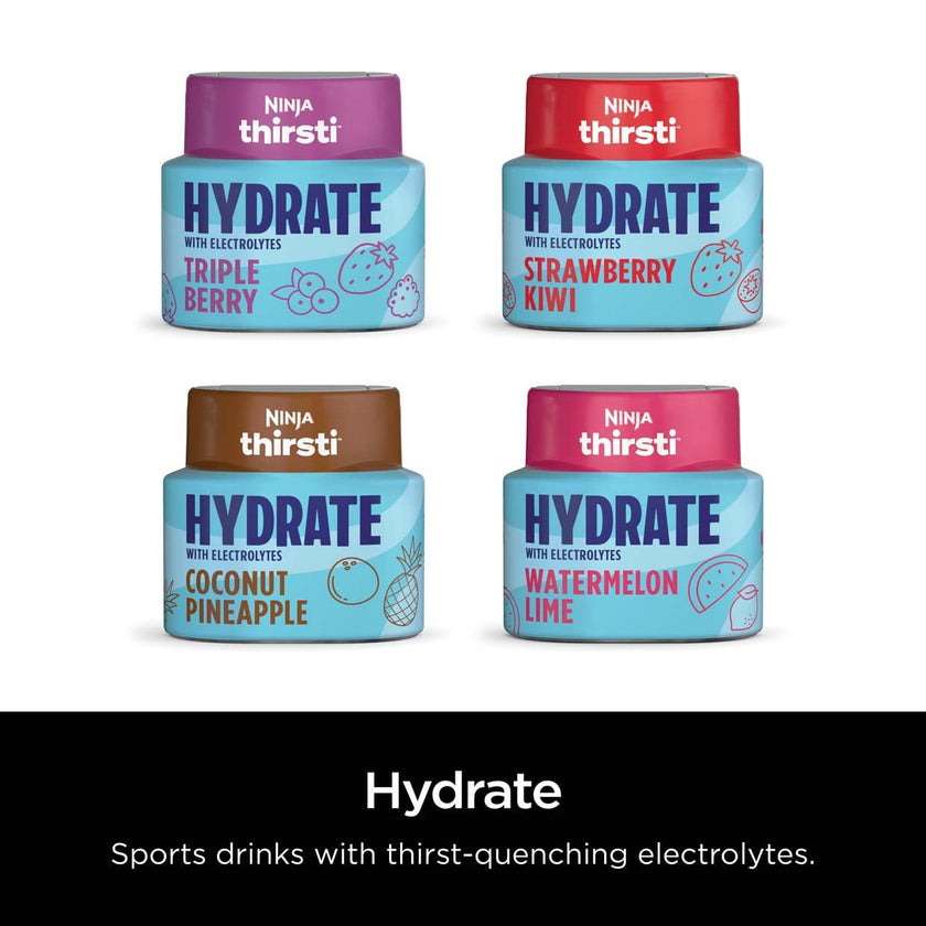 Ninja Thirsti HYDRATE Strawberry Kiwi Flavoured Water Drops with electrolytes and contain 0 calories*, 0 sugar* (*per 12oz classic serving). . Turn water into refreshing fruit-flavoured sparkling or still drinks with Ninja Thirsti Hydrate Flavoured Water