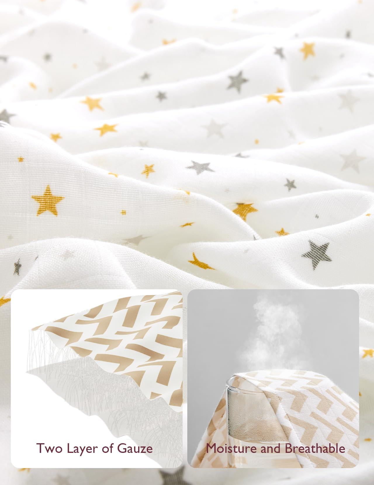 Momcozy Muslin Swaddle Blanket, 4 Pack Ultra Soft Neutral Swaddle Blankets, Breathable Large 47'' x 47'' Baby Infant Newborn Essentials, Boys Girls Receiving Blanket, Beige Star 🍁 All In One Marketplace Canada