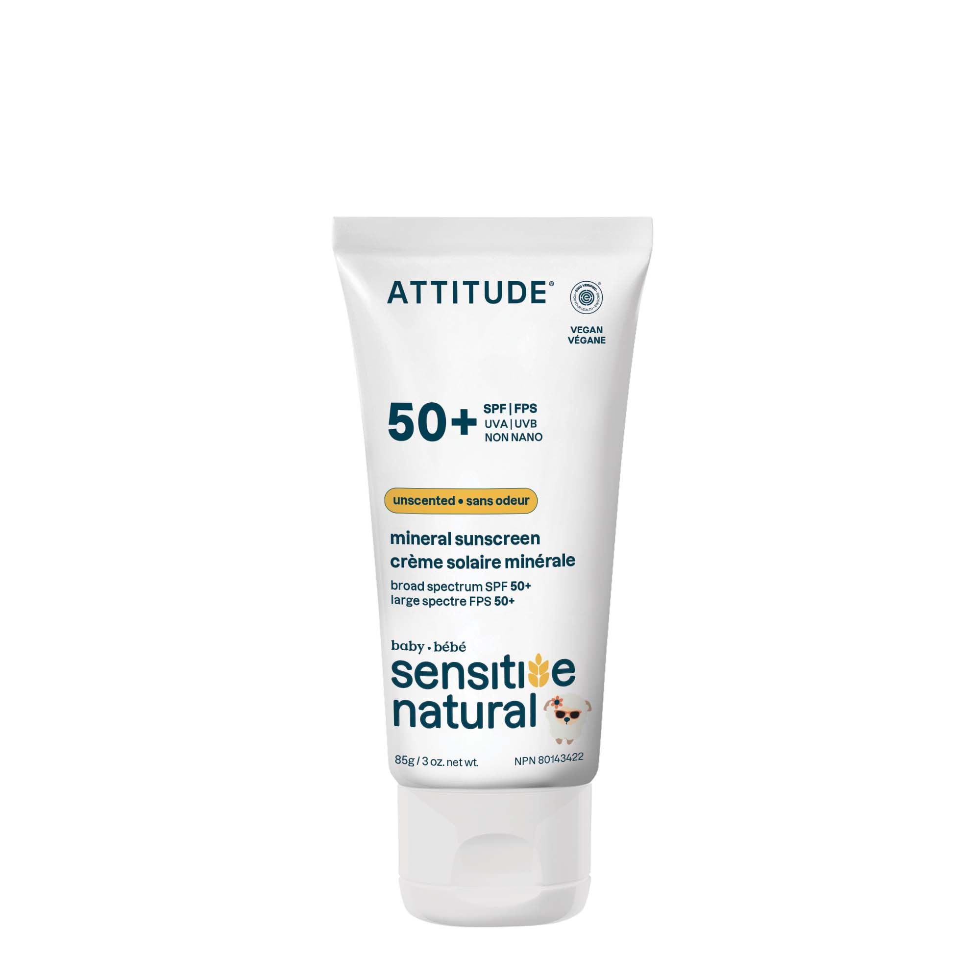 ATTITUDE Sensitive Skin Baby Mineral Sunscreen SPF 50, Broad Spectrum Zinc Oxide, EWG Verified, Mineral-Based, Non-Nano, Lightweight Cream for Face & Body, Unscented, 80 grams 🍁 All In One Marketplace Canada