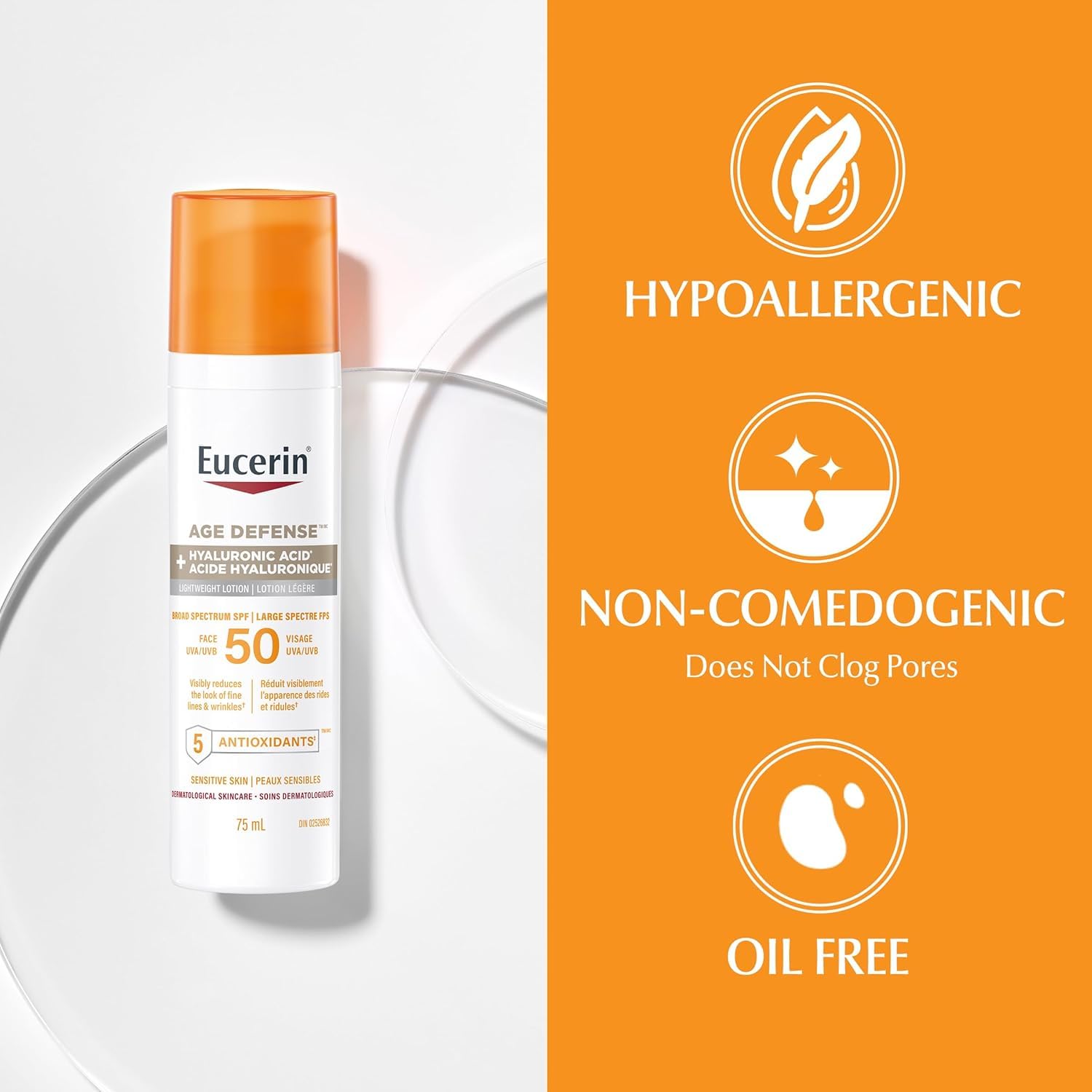 Eucerin Sun Age Defense Face Sunscreen SPF 50, Facial Sunscreen with Hyaluronic Acid and Antioxidants, Body SPF 50 Lotion with UVA-UVB Sun Protection, For Sensitive & Aging Skin, Reduce the look of fine line & wrinkles*, Fragrance Free & Non Greasy, 75mL
