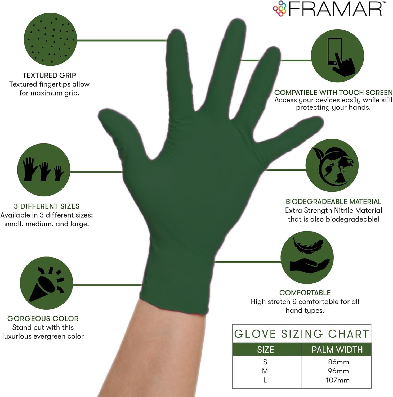 FRAMAR Green Nitrile Gloves Medium - Disposable Gloves Medium, Rubber Gloves Disposable, Cleaning Gloves, Kitchen Gloves, Mechanics Gloves, Cooking Gloves, Gant Latex Gloves Medium, 100 🍁 All In One Marketplace Canada