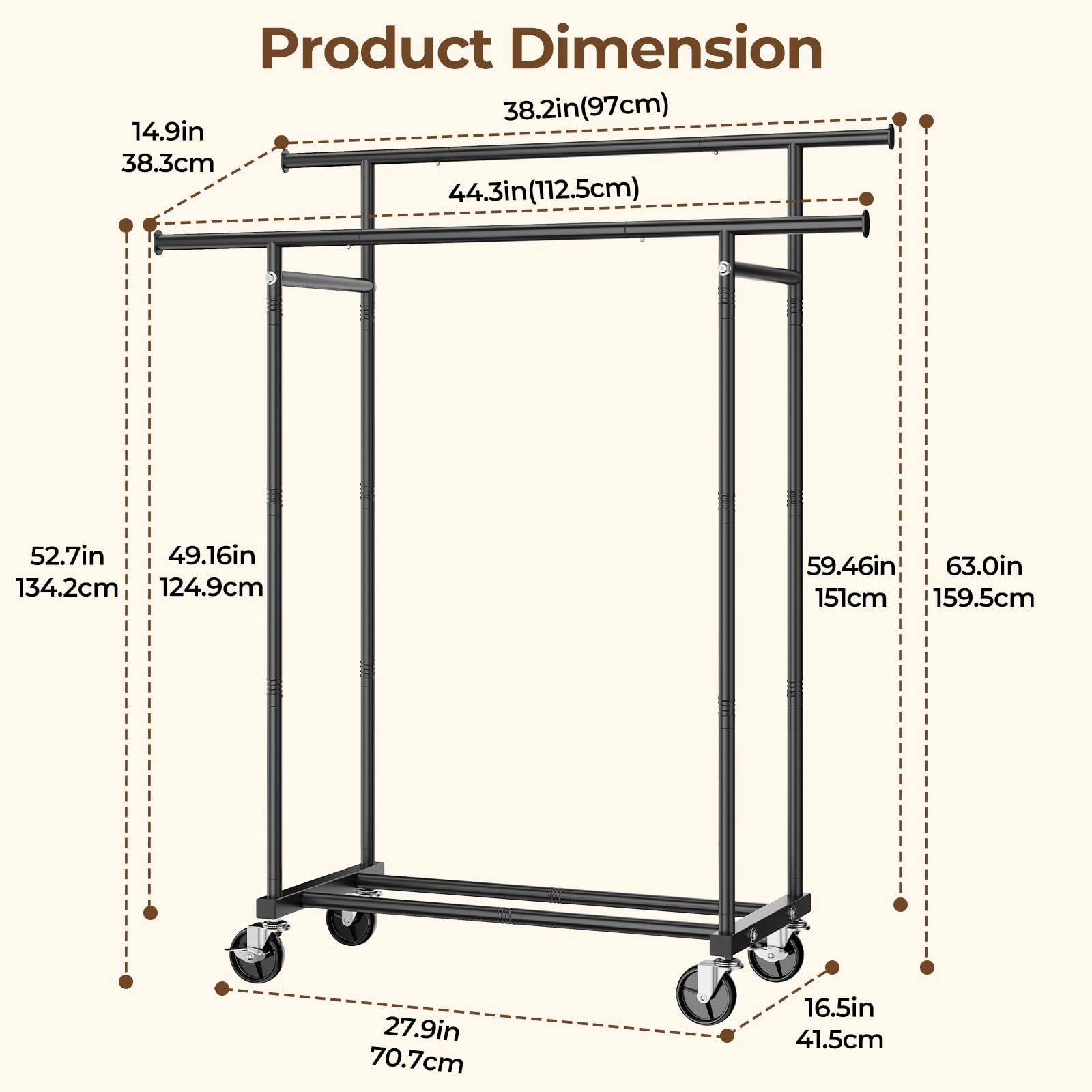 HYSEYY Double Rods Clothing Rack, Rolling Clothes Rack, Metal Garment Rack with 4 Lockable Wheels & Storage Shelf, Sturdy Coat Rack for Bedroom, Laundry, Living Room - 160H x 113W x 42D cm (Black) 🍁 All In One Marketplace Canada