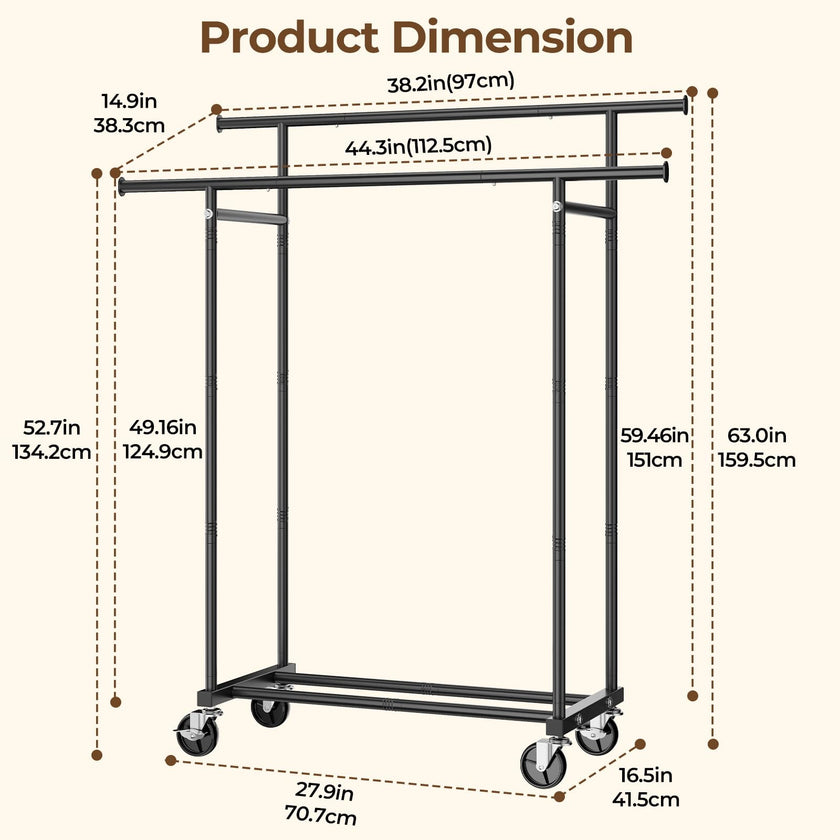 HYSEYY Double Rods Clothing Rack, Rolling Clothes Rack, Metal Garment Rack with 4 Lockable Wheels & Storage Shelf, Sturdy Coat Rack for Bedroom, Laundry, Living Room - 160H x 113W x 42D cm (Black) 🍁 All In One Marketplace Canada