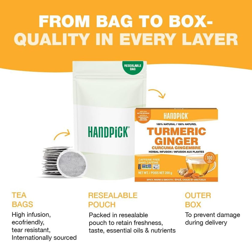 HANDPICK, Turmeric Ginger Tea, 100 Eco-Conscious Tea Bags | Caffeine Free, Gluten Free | 100% Pure Herbal Blend - Savory & Spicy | Curcumin | Packed in Eco-Friendly Tea Bags 🍁 All In One Marketplace Canada