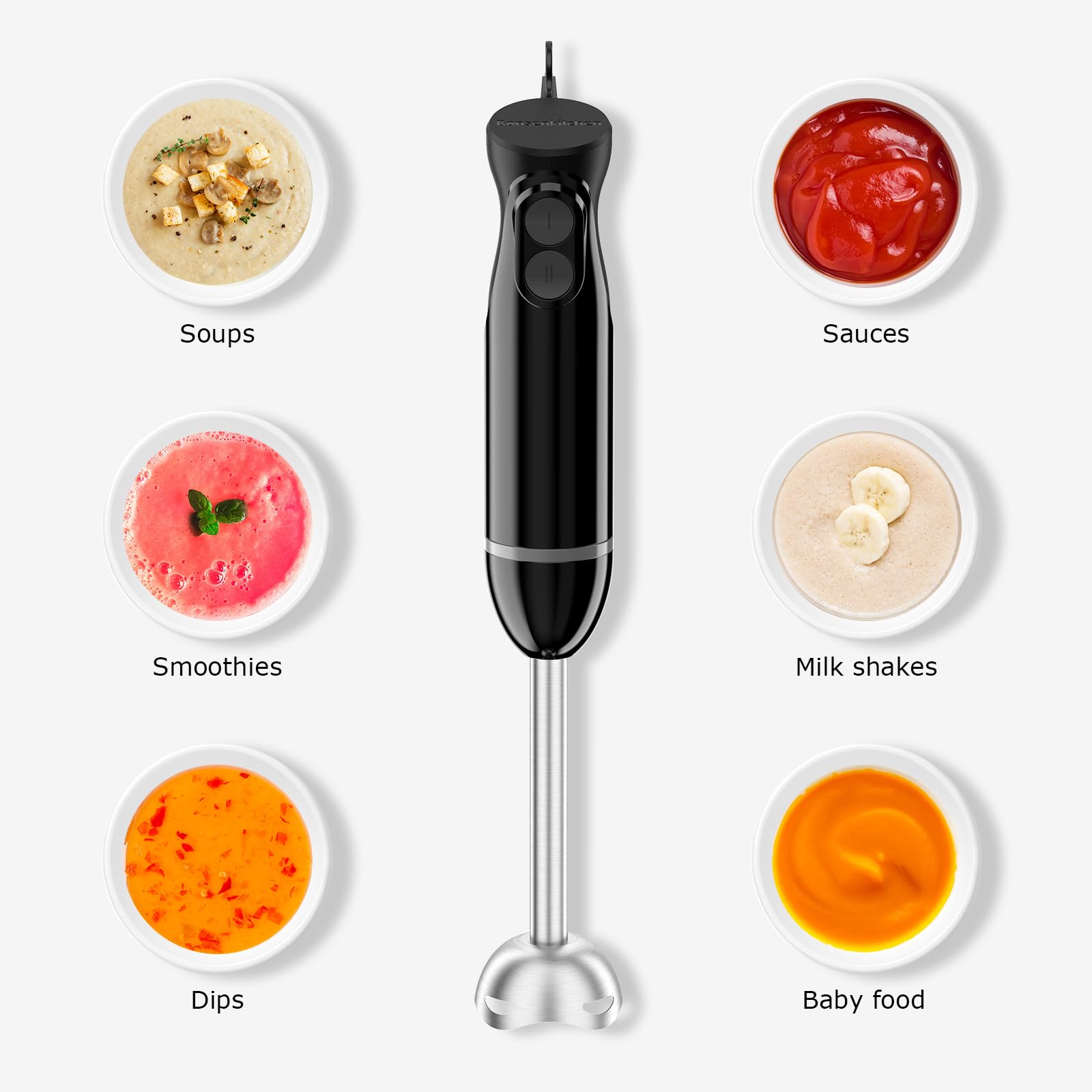 Bonsenkitchen Hand Blender, Immersion Blender with 2 Mixing Speed, Electric Handheld Blender Portable Stick Mixer with Stainless Steel Blades for Soup, Smoothie, Puree, Baby Food 🍁 All In One Marketplace Canada