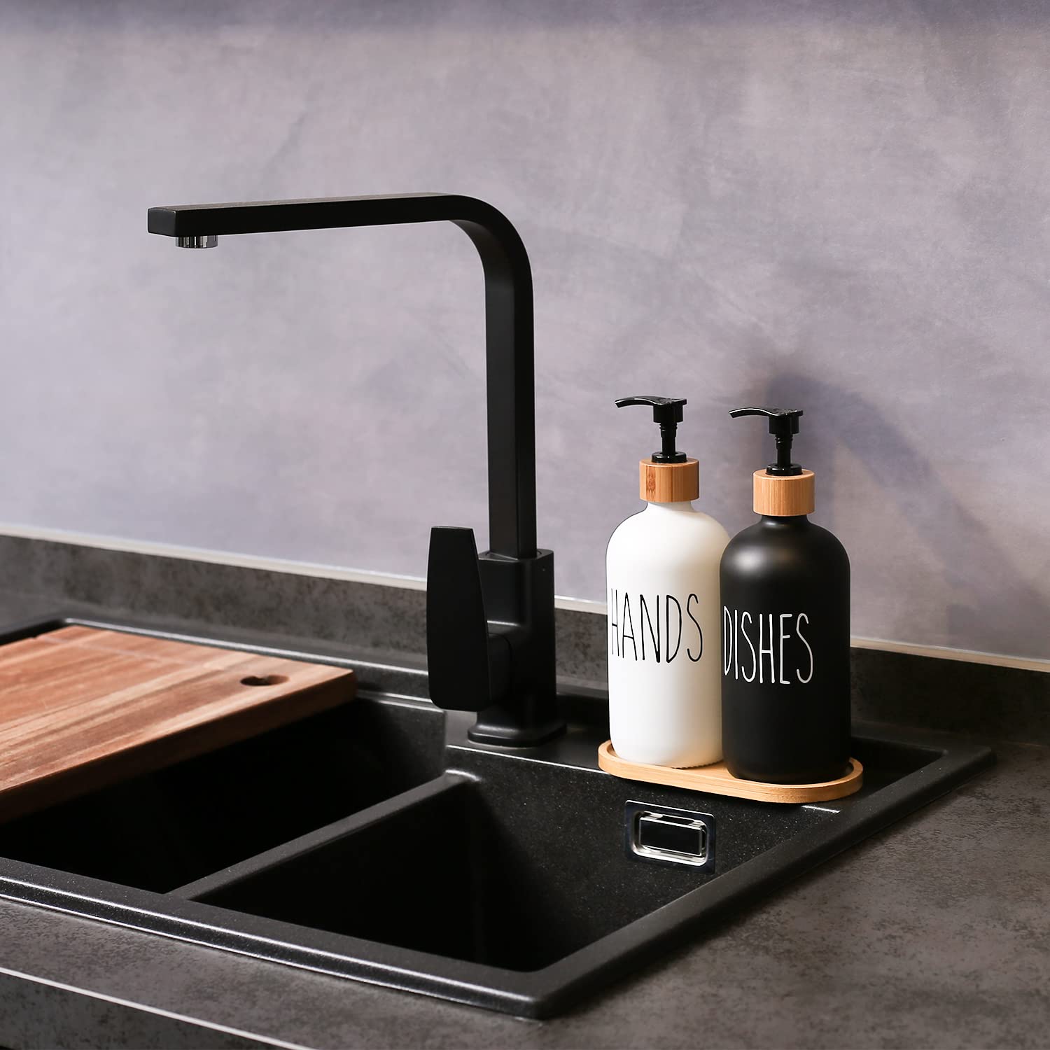 MOMEEMO Glass Soap Dispenser Set, Contains Hand Soap and Dish Soap Dispenser.Suitable for Kitchen Decor. (Black & White) 🍁 All In One Marketplace Canada