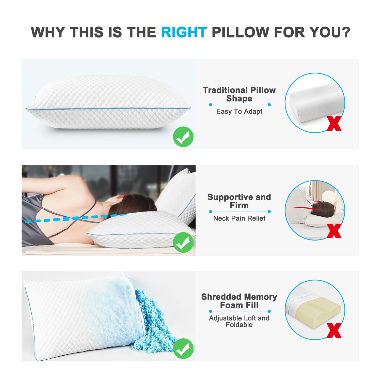 VVZ Cooling Shredded Memory Foam Pillows Queen Size 2 Pack, Adjustable Firm Bed Pillows for Side Back Stomach Sleepers, Luxury Gel Pillow for Hot Sleepers with Breathable Washable Cover 🍁 All In One Marketplace Canada