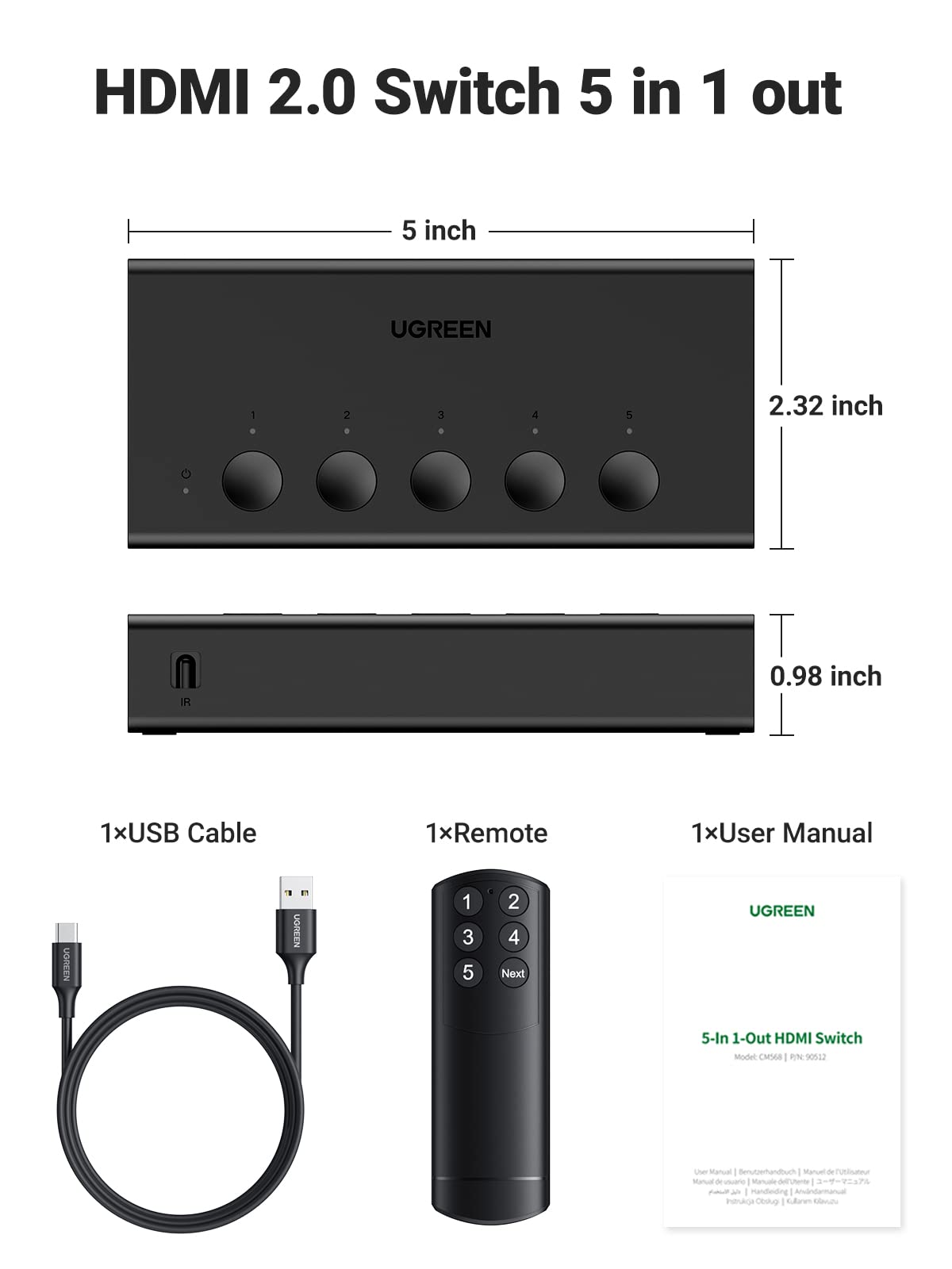 UGREEN HDMI Switch 5 in 1 Out 4K@60Hz, HDMI 2.0 Switcher 5 Port with IR Remote Selector Box 4K HDR 3D Dolby Vision Atmos CEC HDCP2.2, Compatible with PS5 4 3 Xbox Switch TV Black 🍁 All In One Marketplace Canada