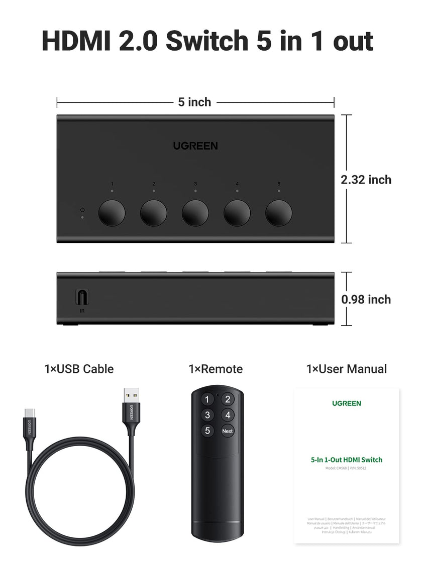 UGREEN HDMI Switch 5 in 1 Out 4K@60Hz, HDMI 2.0 Switcher 5 Port with IR Remote Selector Box 4K HDR 3D Dolby Vision Atmos CEC HDCP2.2, Compatible with PS5 4 3 Xbox Switch TV Black 🍁 All In One Marketplace Canada