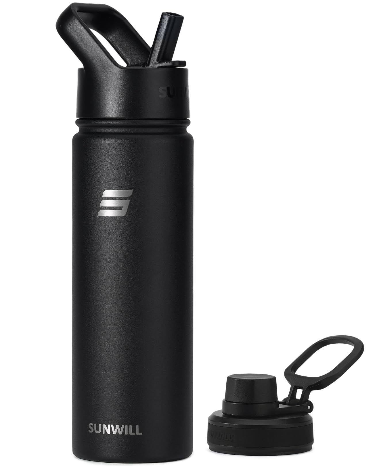 SUNWILL Metal Water Bottle with Straw 22 oz, Stainless Steel Insulated Flask for Cold and Hot Drink, Travel, Sports, Gym, Powder Coated Black 🍁 All In One Marketplace Canada