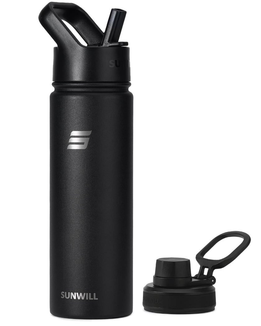 SUNWILL Metal Water Bottle with Straw 22 oz, Stainless Steel Insulated Flask for Cold and Hot Drink, Travel, Sports, Gym, Powder Coated Black 🍁 All In One Marketplace Canada