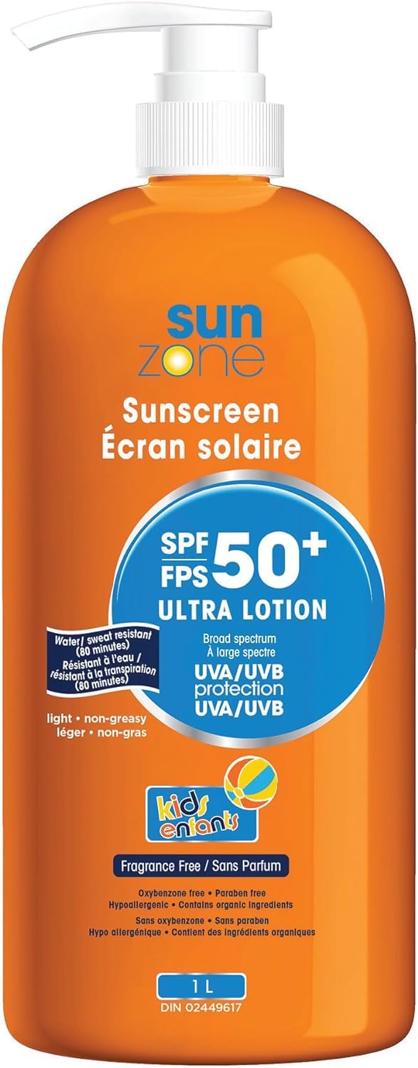 Sunzone | SUNSCREEN SPF 50+ Ultra Lotion | Broad Spectrum UVA/UVB Protection | Light, Non-Greasy, Water resistant (80 minutes) | Fragrance Free | 1L Bottle with pump | MADE IN CANADA 🍁 All In One Marketplace Canada