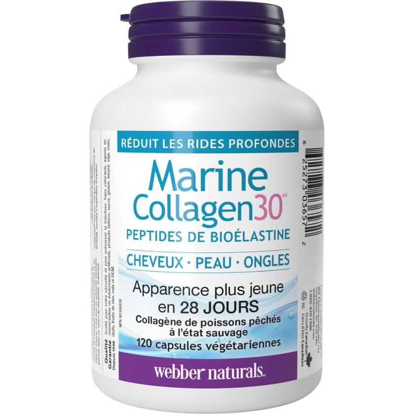 Webber Naturals Collagen30 Marine Bioelastin Peptides, 500 mg of Collactive Marine Collagen Peptide Complex Per Pill, 120 Capsules, Helps Reduce Deep Wrinkles and Joint Pain 🍁 All In One Marketplace Canada