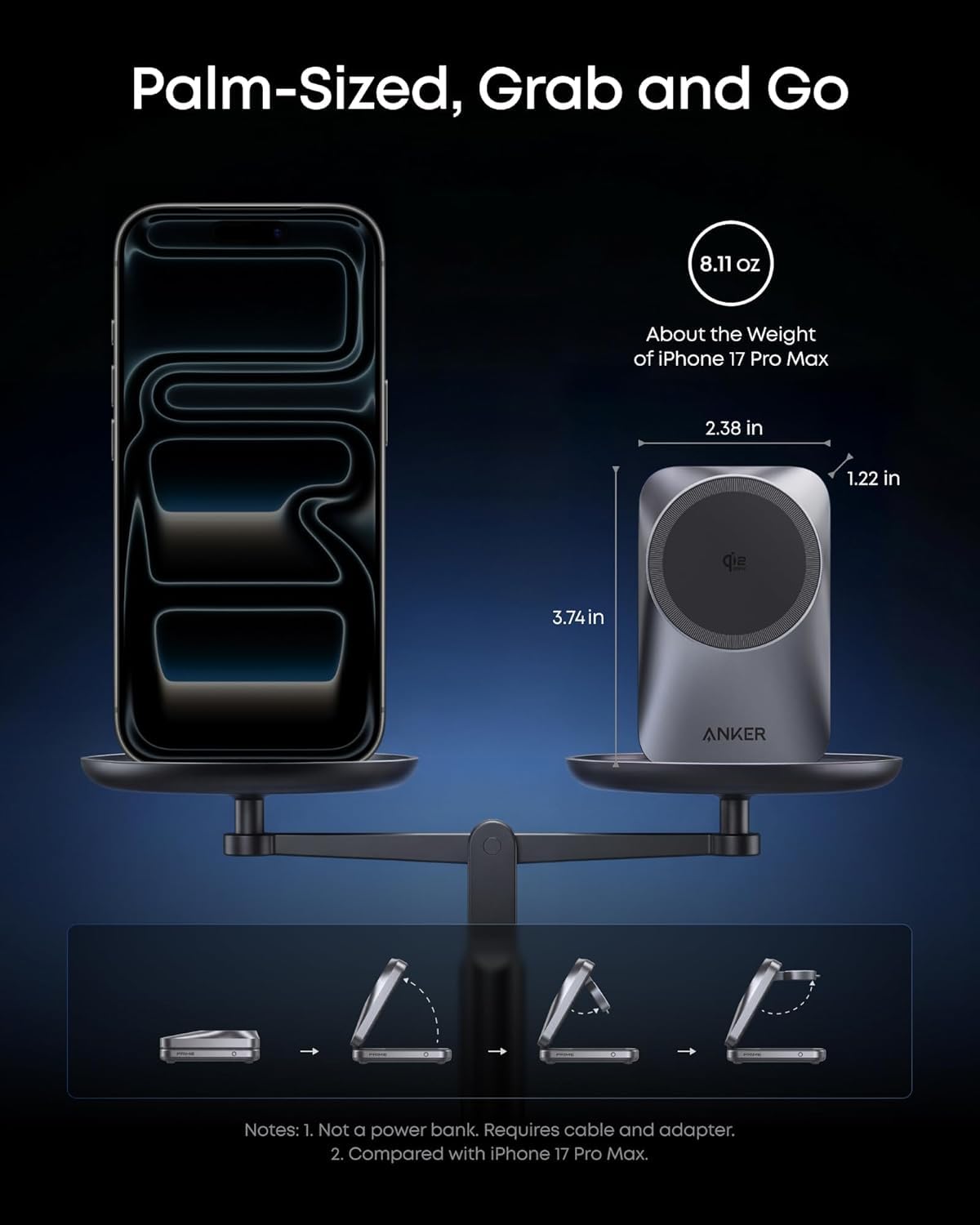 Anker Prime 3-in-1 Charging Station, AirCool Wireless Charger, 25W Qi2.2-Certified Palm-Sized Foldable MagSafe Charger Compatible with iPhone 17, Apple Watch, AirPods (Non-Battery, with Adapter) 🍁 All In One Marketplace Canada