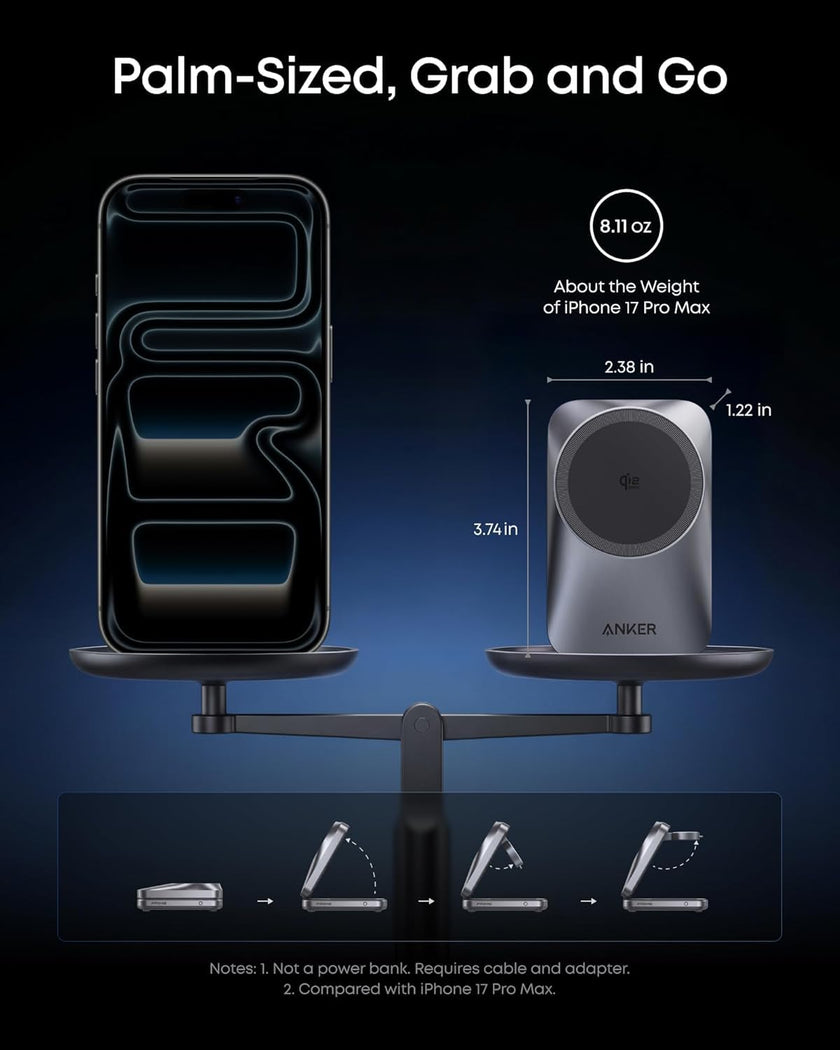 Anker Prime 3-in-1 Charging Station, AirCool Wireless Charger, 25W Qi2.2-Certified Palm-Sized Foldable MagSafe Charger Compatible with iPhone 17, Apple Watch, AirPods (Non-Battery, with Adapter) 🍁 All In One Marketplace Canada