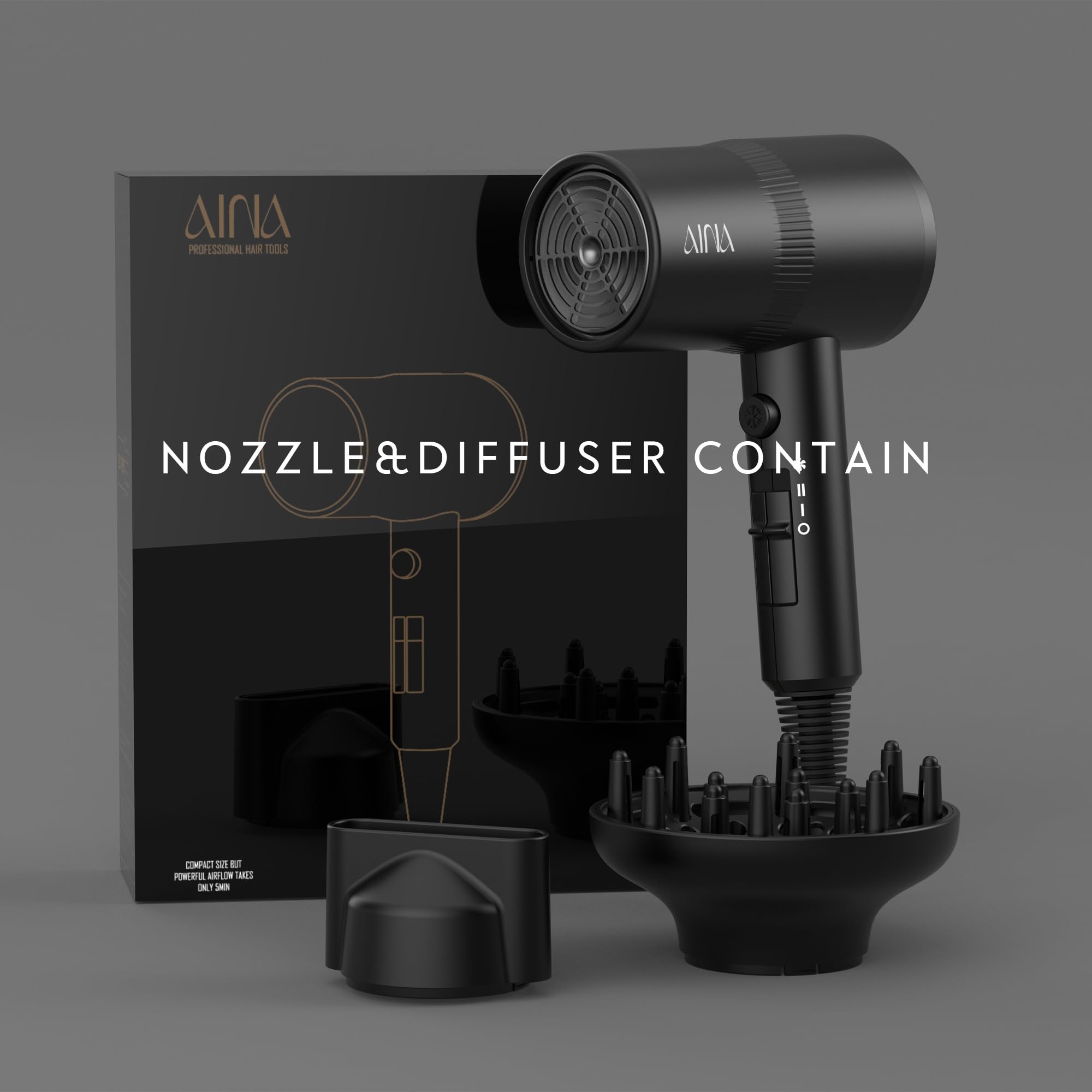 AINA Diffuser Hair Dryer Full-Featured Blow Dryer 110V/1600W(Vader Black) 🍁 All In One Marketplace Canada