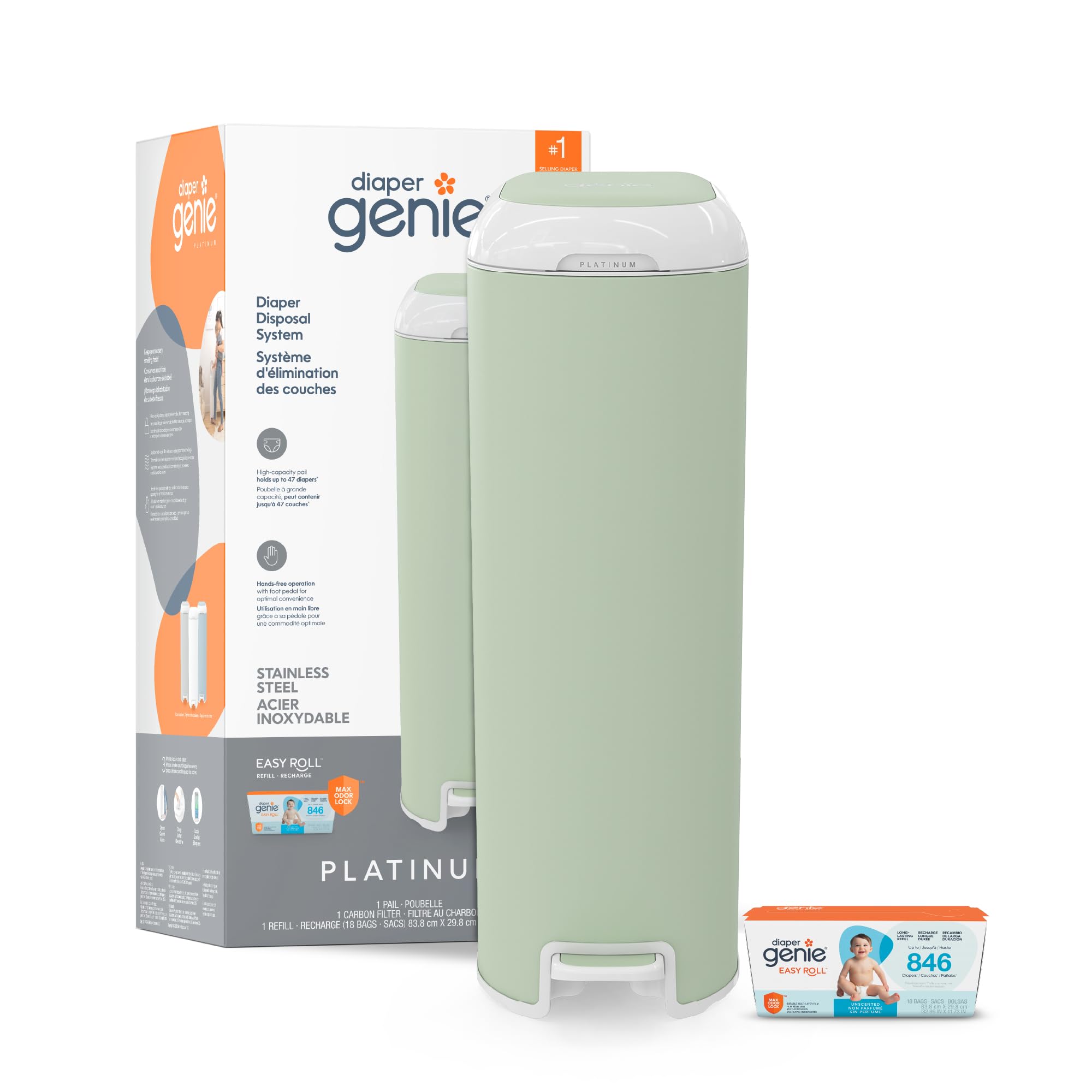 Diaper Genie Platinum Pail with Easy Roll Refill 18 bags, Stainless Steel 🍁 All In One Marketplace Canada