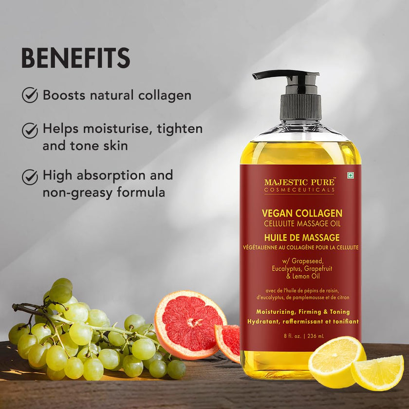 MAJESTIC PURE Cellulite Massage Oil - with Vegan Collagen & Stem Cells, Unique Blend of Massage Essential Oils - Cellulite Oil Improves Skin Tightening and Firming, 8 fl oz 🍁 All In One Marketplace Canada