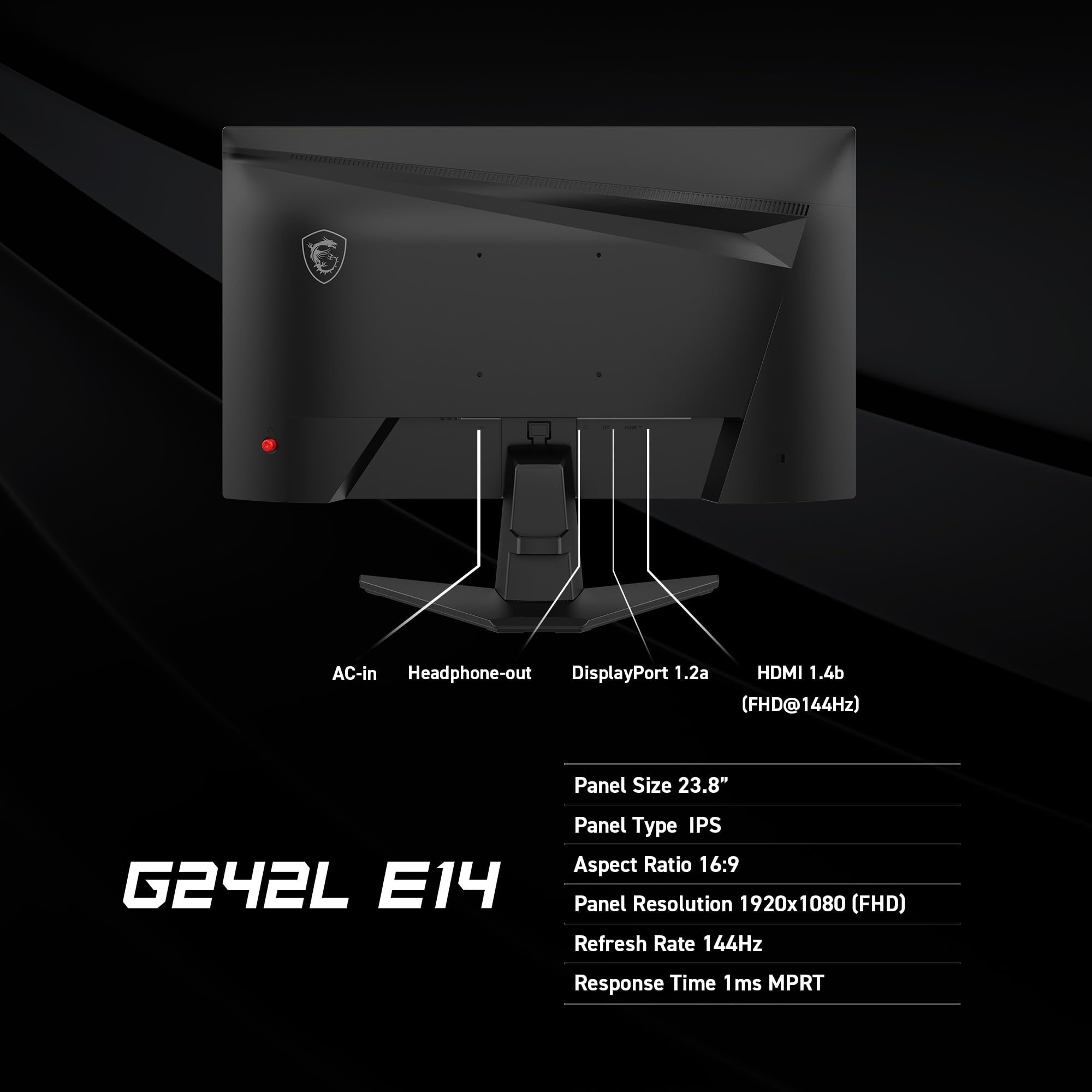 MSI G242L E14 24-inch 1920 x 1080 (FHD) Gaming Monitor, 144Hz, Adaptive-Synch, HDMI, DisplayPort, VESA Mountable, Tilt, Height Adjustable, Speaker, 1ms, Black 🍁 All In One Marketplace Canada