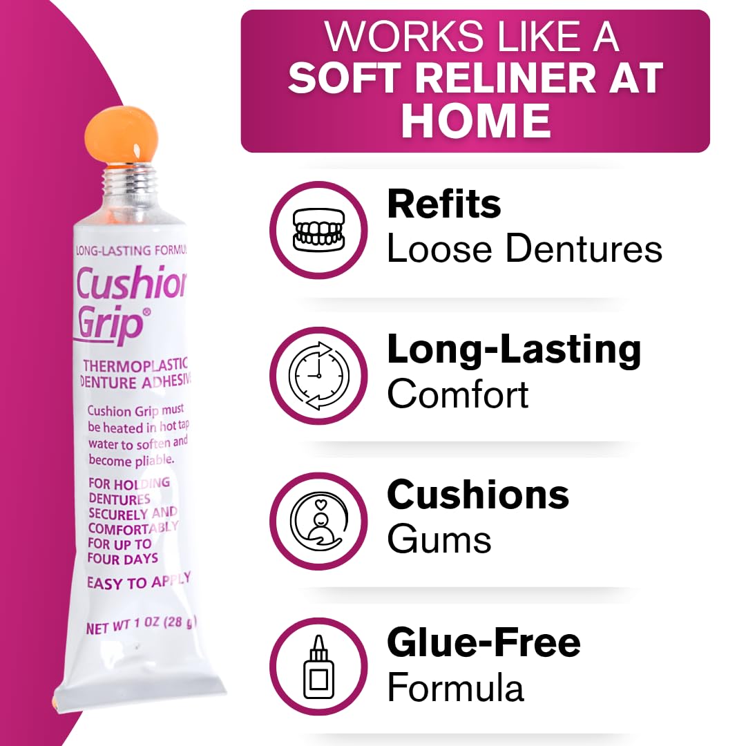 Cushion Grip Thermoplastic Denture Adhesive – Refits & Tightens Loose Dentures, Works Like a Denture Reliner for a Long-Lasting, Secure Fit, Cushions Gums, Waterproof & Zinc-Free - 1 oz 🍁 All In One Marketplace Canada