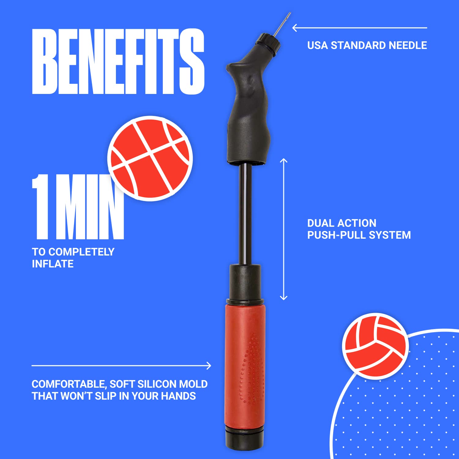SPORTBIT Ball Pump for Sports Balls - Basketball Pump, Volleyball Pump, Football & Soccer Ball Air Pump - Hand Pump for All Sport Balls - Push & Pull Inflating System - Goes with 5 Needles Set 🍁 All In One Marketplace Canada