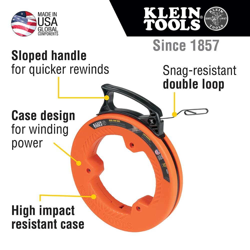 Klein Tools 56331 50-Foot Electrical Fish Tape, Steel Wire Puller with Double Loop Tip, Optimized Housing and Handle, 1/8-Inch,Orange/Black 🍁 All In One Marketplace Canada