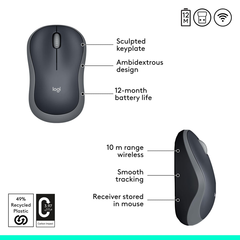Logitech M185 Wireless Mouse, 2.4GHz with USB Mini Receiver, 12-Month Battery Life, 1000 DPI Optical Tracking, Ambidextrous, Compatible with PC, Mac, Laptop - Swift Grey 🍁 All In One Marketplace Canada