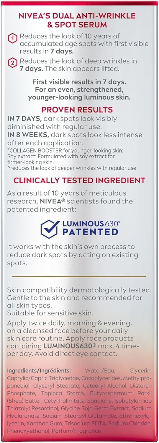 NIVEA LUMINOUS630 Anti-Wrinkle & Spot Face Serum, Hyaluronic Acid, 30mL 🍁 All In One Marketplace Canada