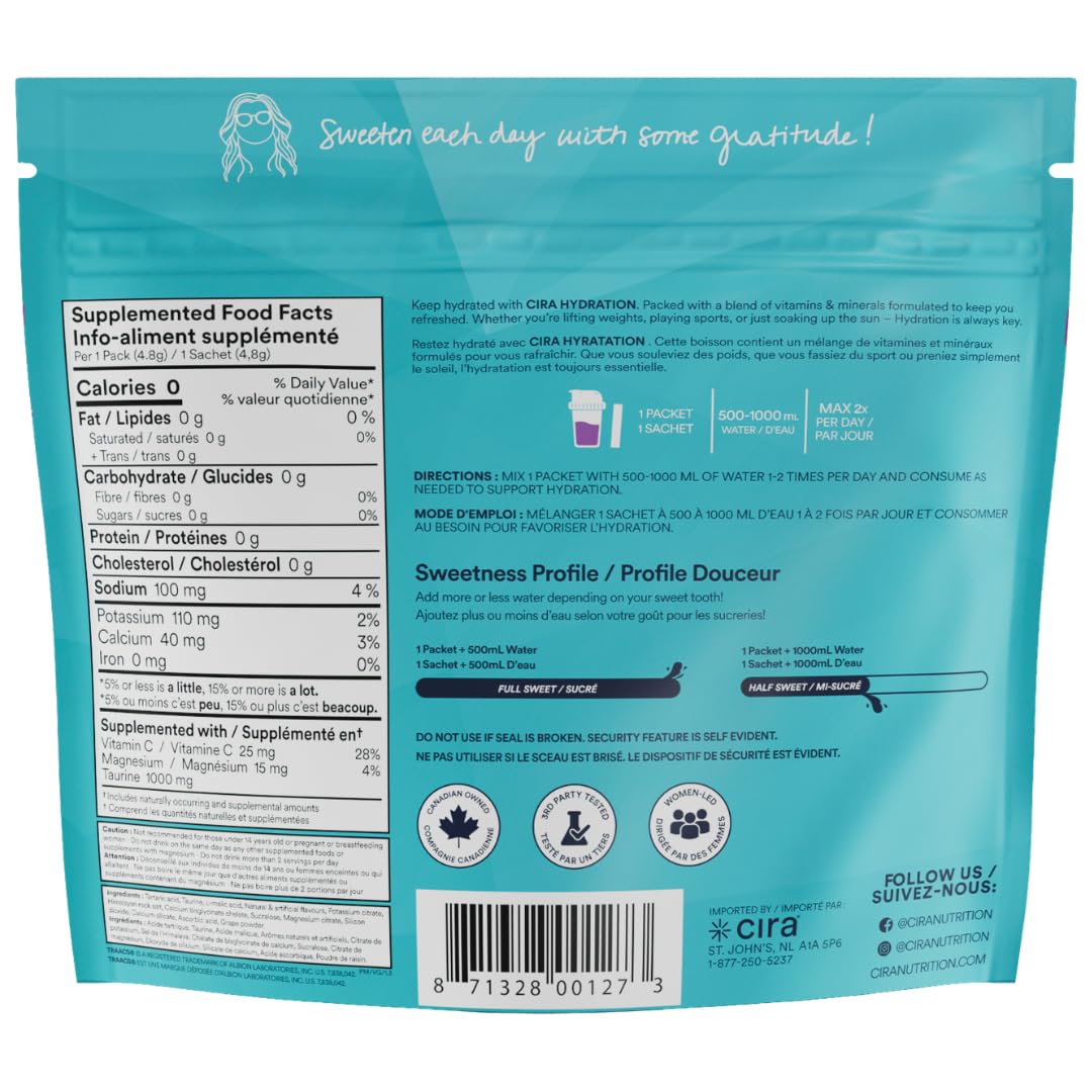 Cira Hydration Electrolytes Packets - Cira x Alicia McCarvell's Electrolyte Powder Sugar Free w Himalayan Salt, Daily On-the-Go Hydration Packets for Dehydration Relief - Very Grapeful, 20 Servings 🍁 All In One Marketplace Canada