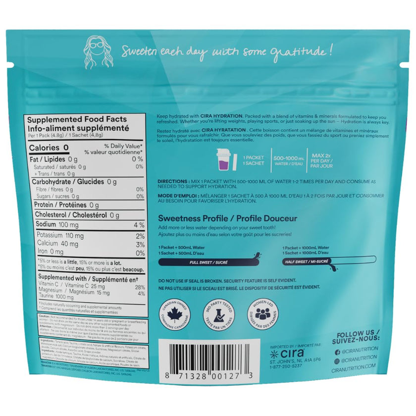 Cira Hydration Electrolytes Packets - Cira x Alicia McCarvell's Electrolyte Powder Sugar Free w Himalayan Salt, Daily On-the-Go Hydration Packets for Dehydration Relief - Very Grapeful, 20 Servings 🍁 All In One Marketplace Canada