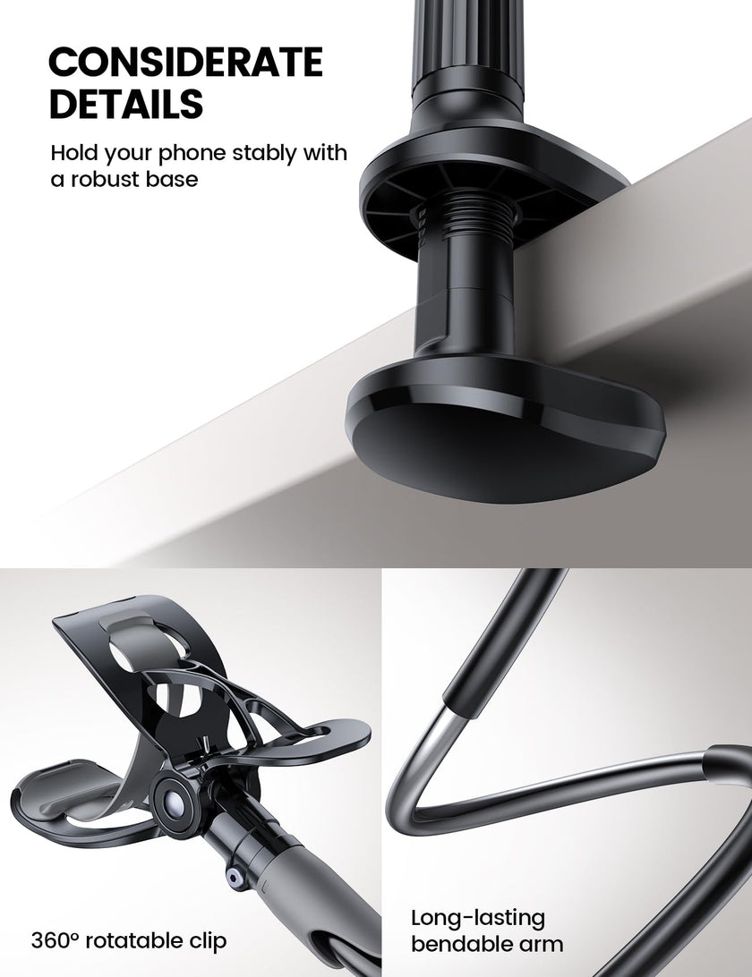 Phone Holder Bed Gooseneck Mount - Lamicall Cell Phone Stand Clamp Clip for Desk, Flexible Lazy Long Arm Headboard Bedside for iPhone 13 14 15 16 17 Pro Max Mini Plus, S24 S25 Ultra, 4-7