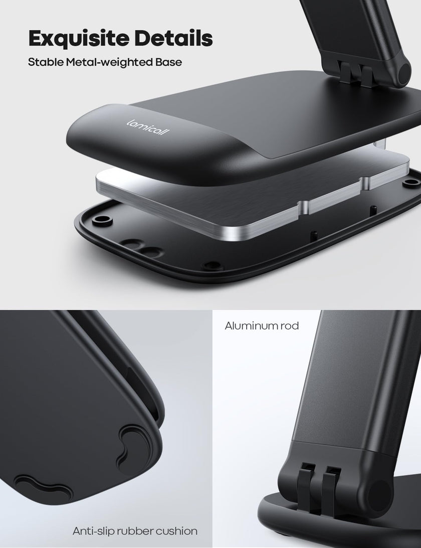Lamicall Foldable Phone Stand for Desk - Height Adjustable Cell Phone Holder Portable Cellphone Cradle Desktop Dock Mom Gift Compatible with iPhone 14 15 16 17 Pro Max Plus Air, S24 S25 Ultra, 4-8