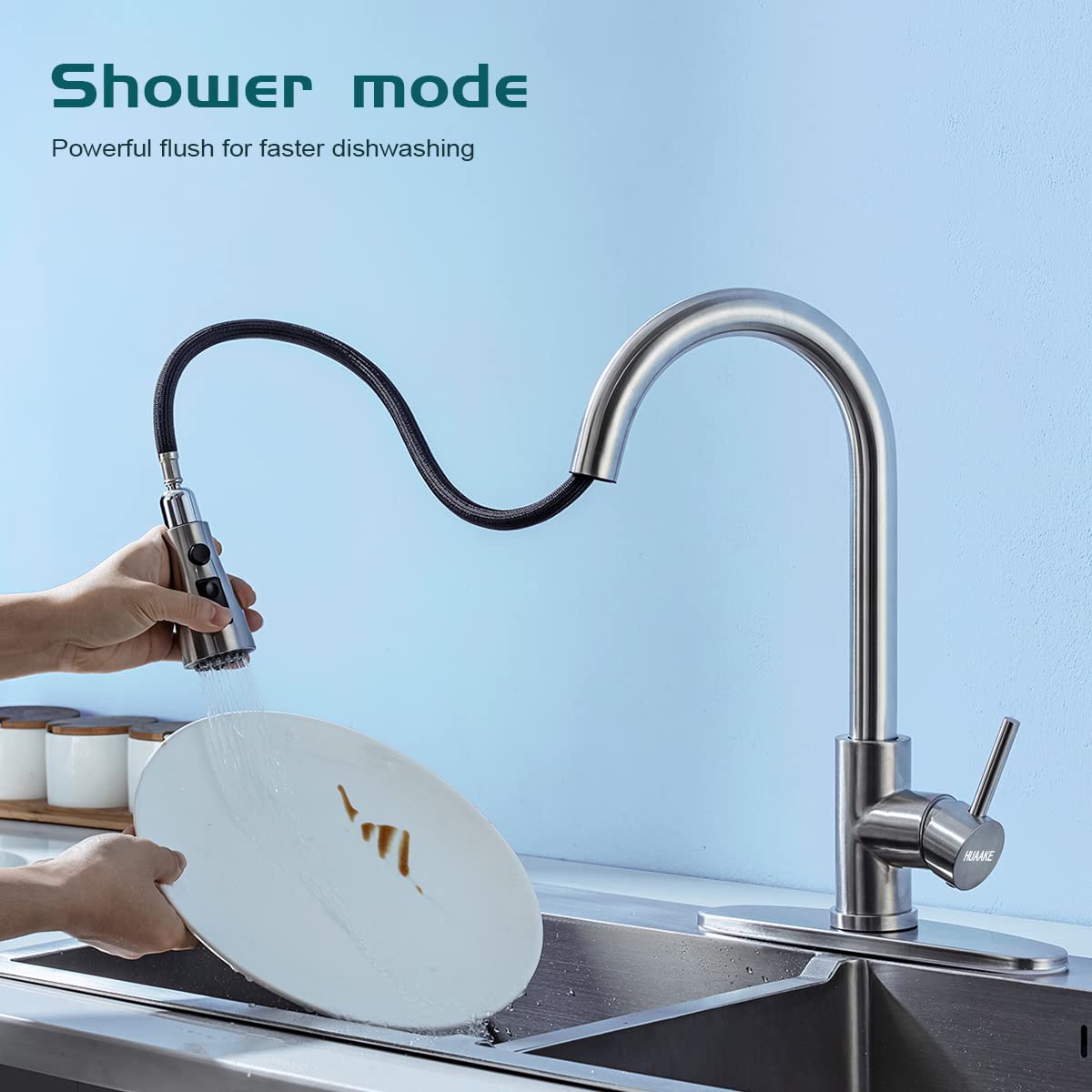 HUAAKE Kitchen Faucet with Pull Down Sprayer, Multi-Function Stainless Steel Single Handle High Arc Kitchen Sink Faucet, 360° Swivel Modern Commercial Kitchen tap with Deck Plate 🍁 All In One Marketplace Canada