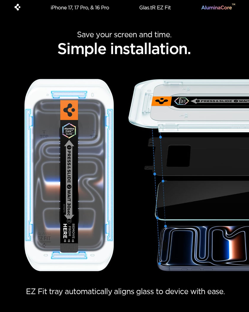 Spigen AluminaCore Tempered Glass Screen Protector [Glas.tR EZ Fit] designed for iPhone 17 Pro | iPhone 17 | iPhone 16 Pro [2 Pack] 9H+ Hardness, Aluminum-Enhanced Durability 🍁 All In One Marketplace Canada