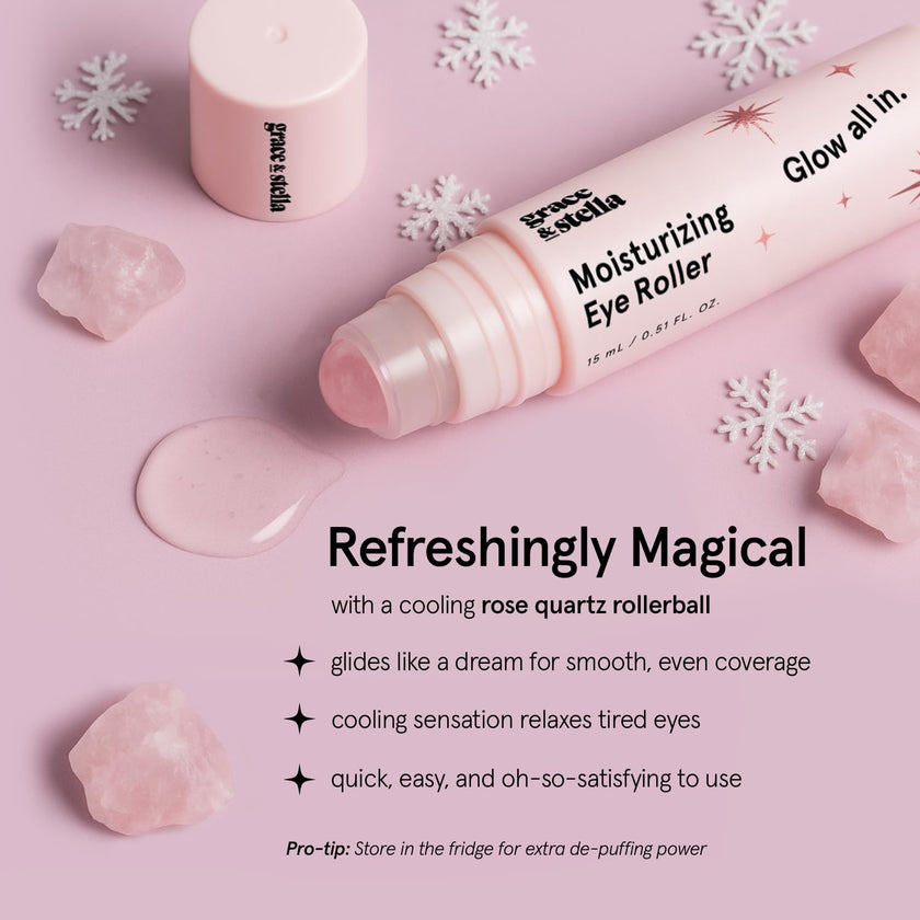 grace & stella Eye Serum Roller with Rose Quartz Rollerball - Hyaluronic Acid & Caffeine Under Eye Cream for Dark Circles & Puffiness - Airplane Travel Essentials - Vegan Skincare (15ml / 0.51floz) 🍁 All In One Marketplace Canada